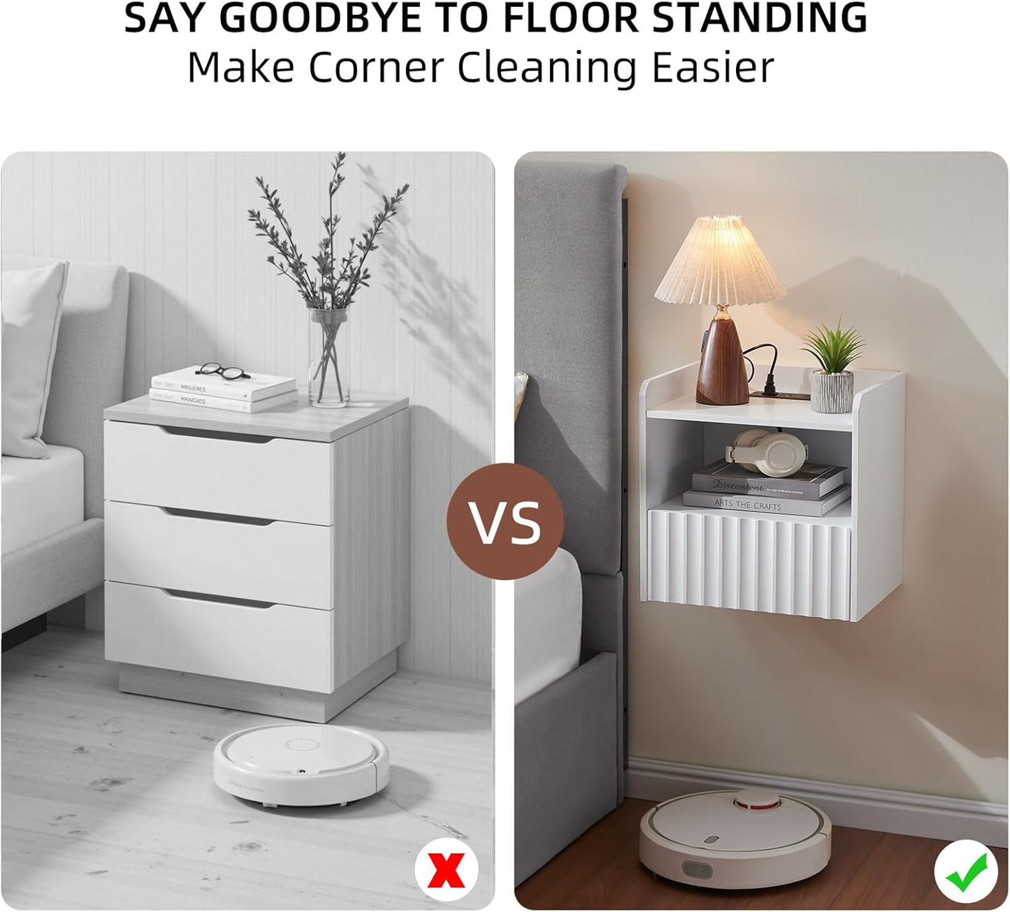 Modern Fluted Floating Nightstand Wall Mounted Set of 2- Bedside Table with Storage Drawer & Display Shelf, Minimalist Bedroom Furniture for Studio Apartments (Matte White)