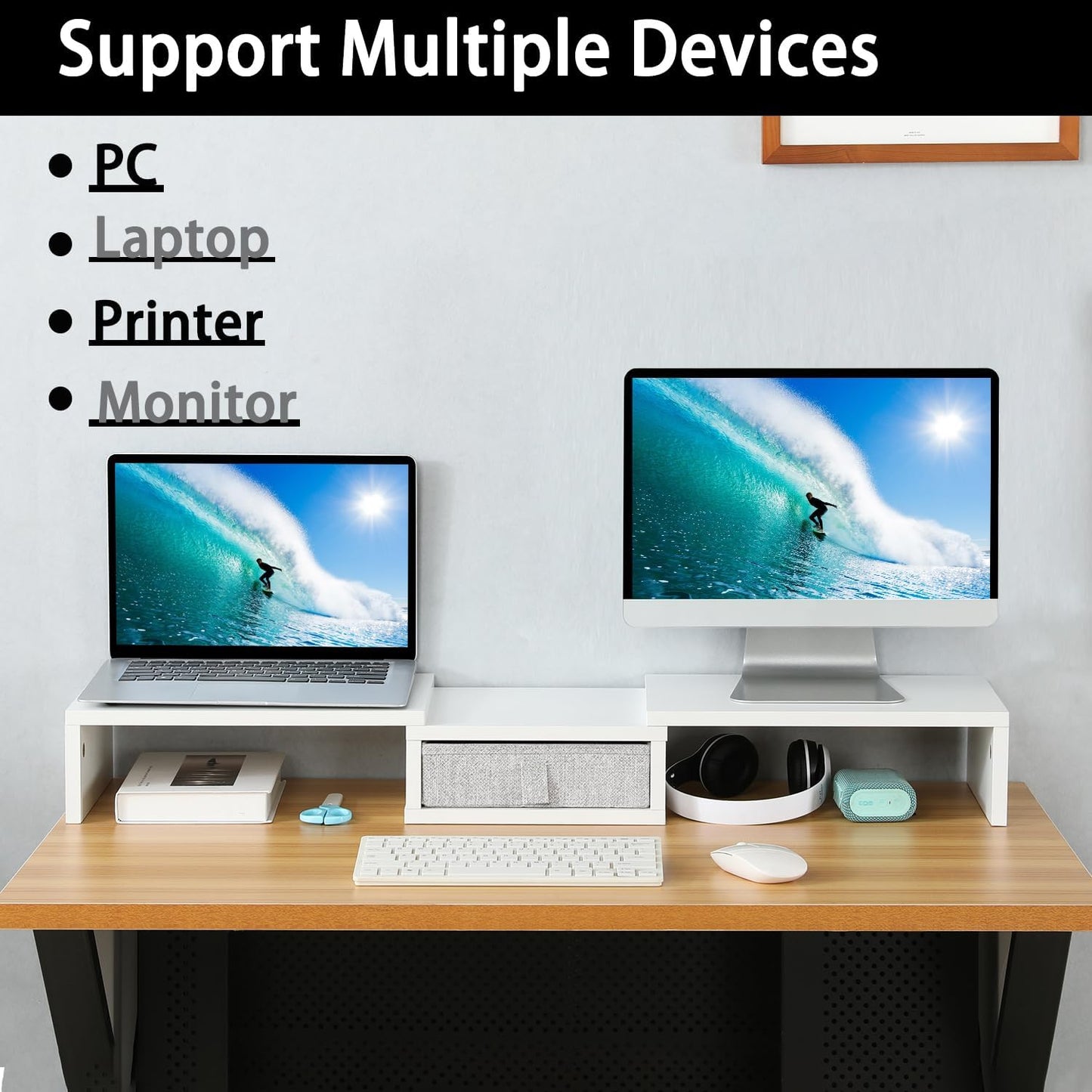 TEAMIX White Dual Monitor Stand Riser with Drawer - Length and Angle Adjustable Double Corner Desk Shelf Organizer 37 inch Long for 2 Laptop/PC/Screen/TV