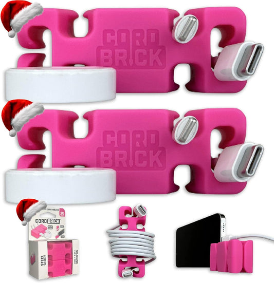 CordBrick Stocking Stuffers for Adults Cord Management Weighted Cord Holder Cable Wrap Phone Stand - Multiuse Gadget Organizer for Nightstand, Desk. Gift for Men, Durable Silicone. 2pk Pink