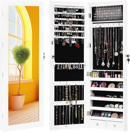 Giantex 15 LEDs Jewelry Armoire, Wall Mounted or Door Hanging, Lockable Jewelry Cabinet with Full Length Mirror, Large Storage Jewelry Organizer Box Armoire for Girls Women (14.5"W x 3.5"D x 47.5"H)