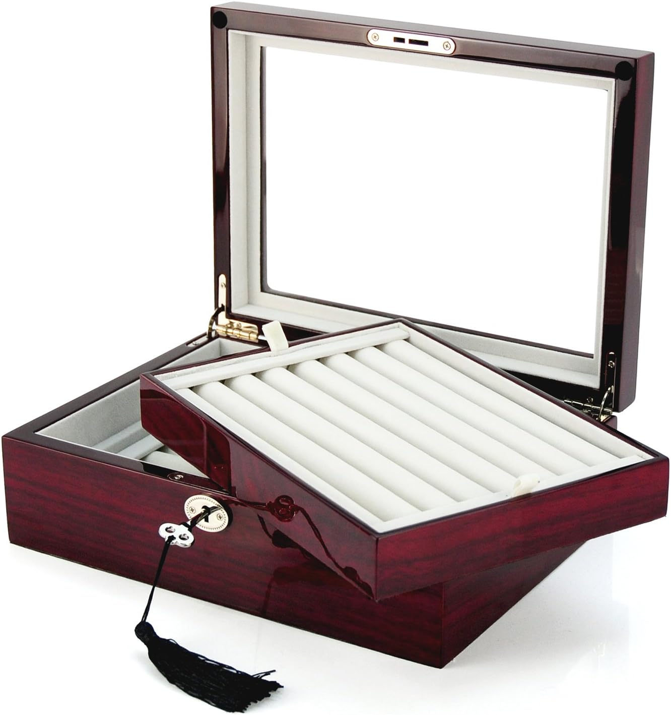 Deluxe Jewelry Cufflinks Collector's Storage Presentation Box Case Mahogany Double-Decker Gift
