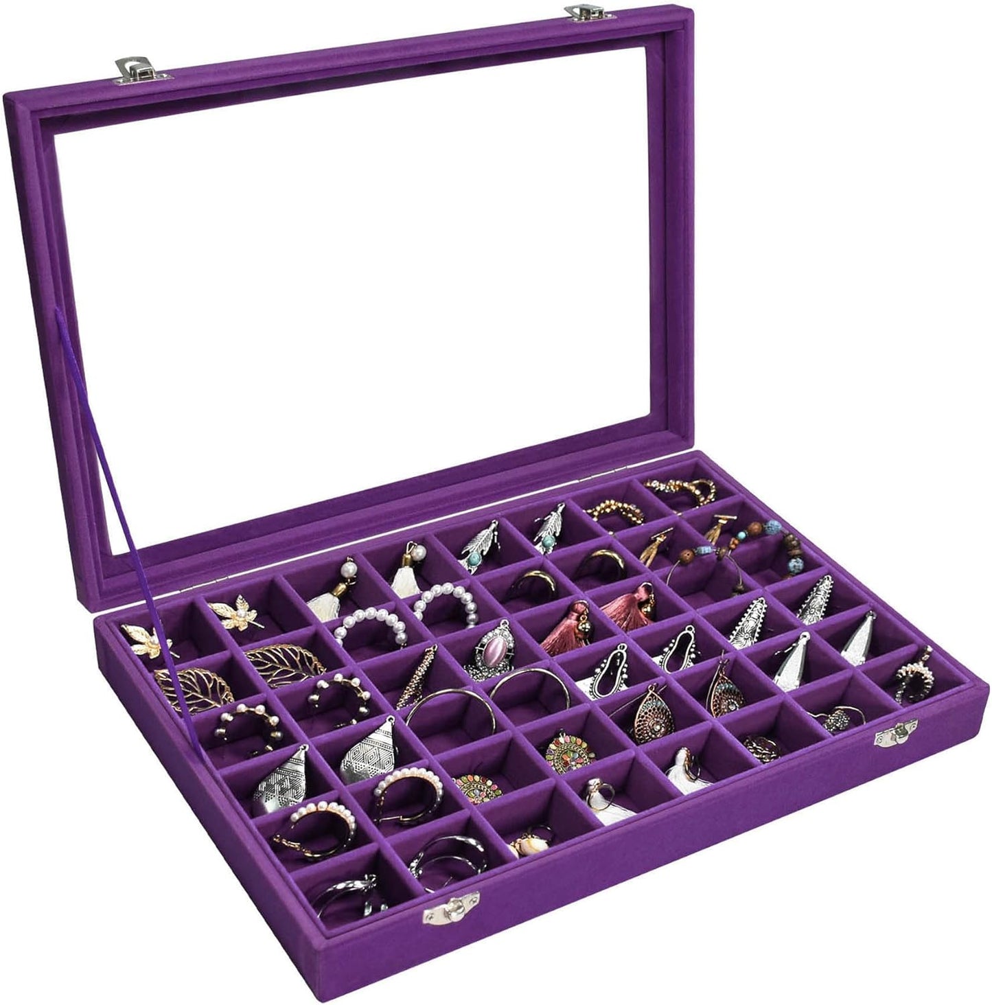 Velvet Jewelry Tray 48 Grid Jewelry Display Tray Organizer Box with Transparent Lid Rings Earrings Necklaces Pendants Display Box Suitable for Women and Girls (Purple)