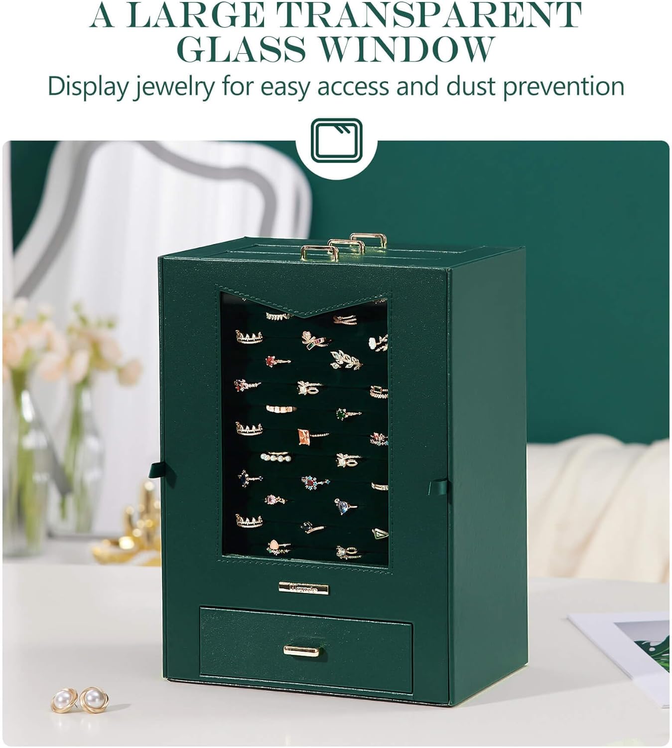 Homde Jewelry Organizer with Transparent Window Necklace Hooks Gift for Women Jewelry Box Display Case for Necklaces Rings Earrings Bracelets and Other Accessories (Forest Green)