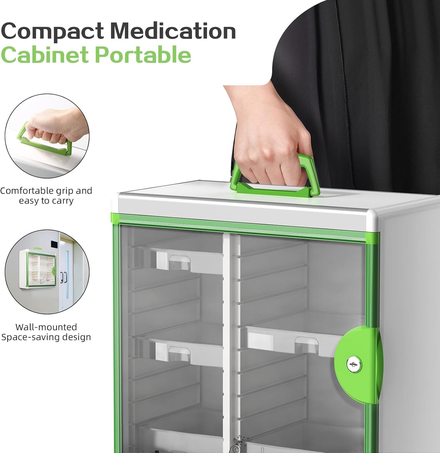 Glosen Medicine Cabinet Locking Medicine Cabinet Wall Mounted【 Green 13.6 x 13.4 x 6.5 Inch 】 Portable Storage Container Big Capacity