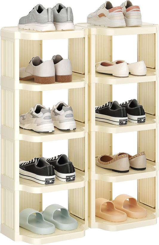 Kitstorack 10 Tiers Stackable Shoe Rack for Closet and Front Door Entrance - Free Standing Plastic Stand, Narrow Tall Vertical Organizer for Small Spaces Storage, White