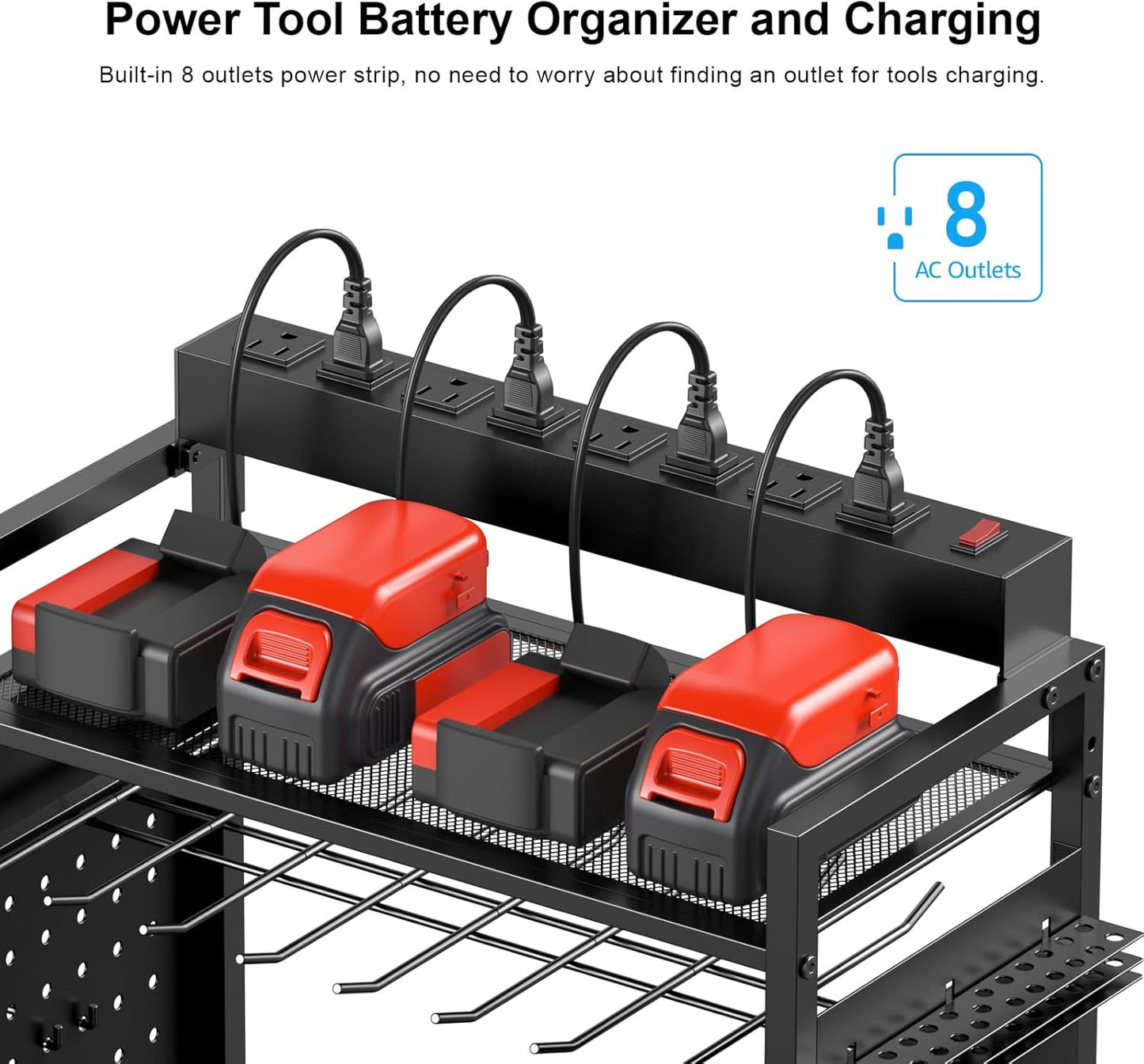 CCCEI Garage Power Tools Organizer Cart with Charging Station, Black Floor Standing Rolling Drill and Tools Battery Storage Cart on Wheels. Black Utility Rack Gift for Men, Husband, Father.