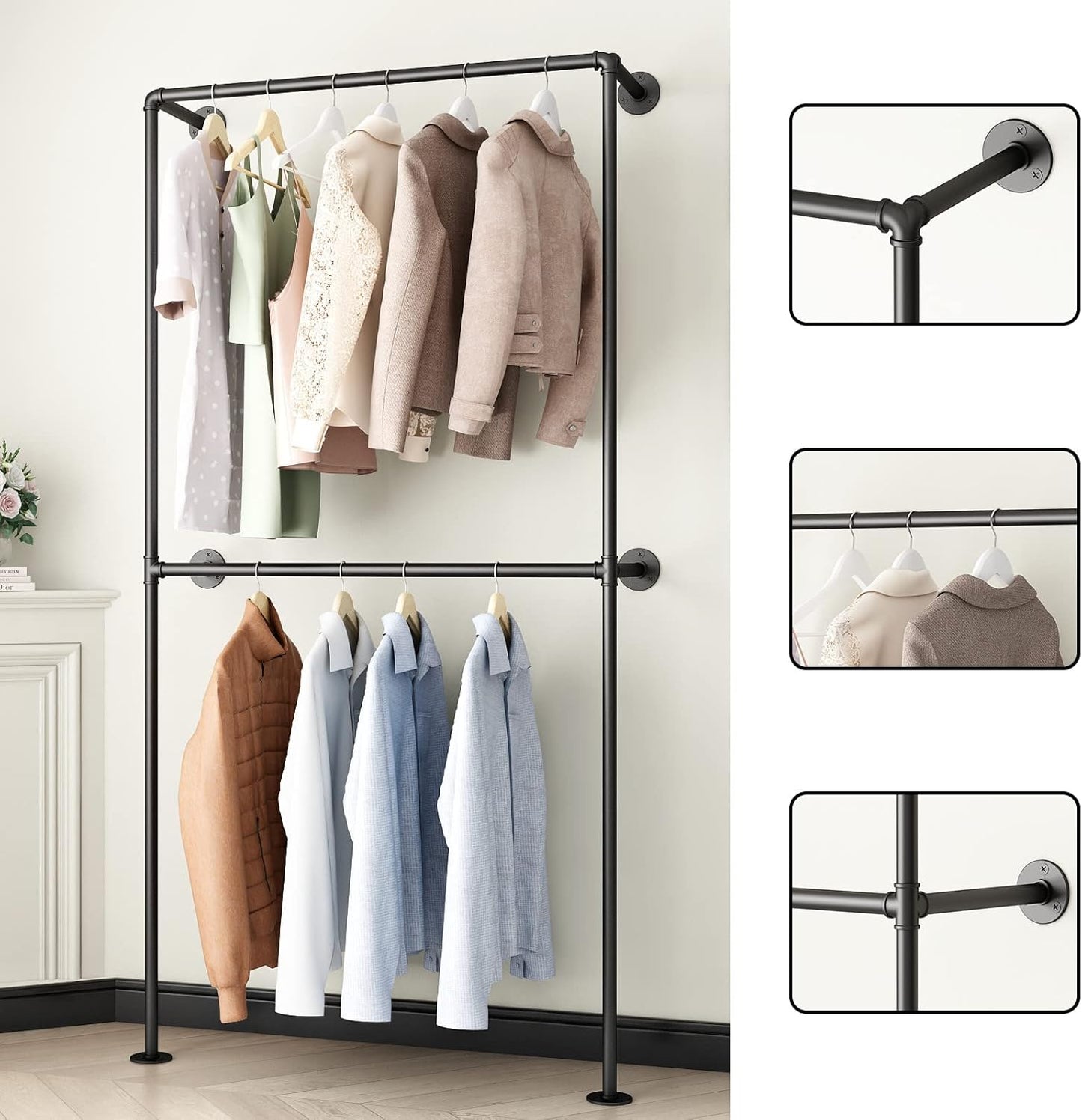 Industrial Pipe Clothing Rack Wall Mounted Garment Rack, Black Pipe Clothes Rack Retail Display Hanging Rod for Closet Storage, Laundry Room