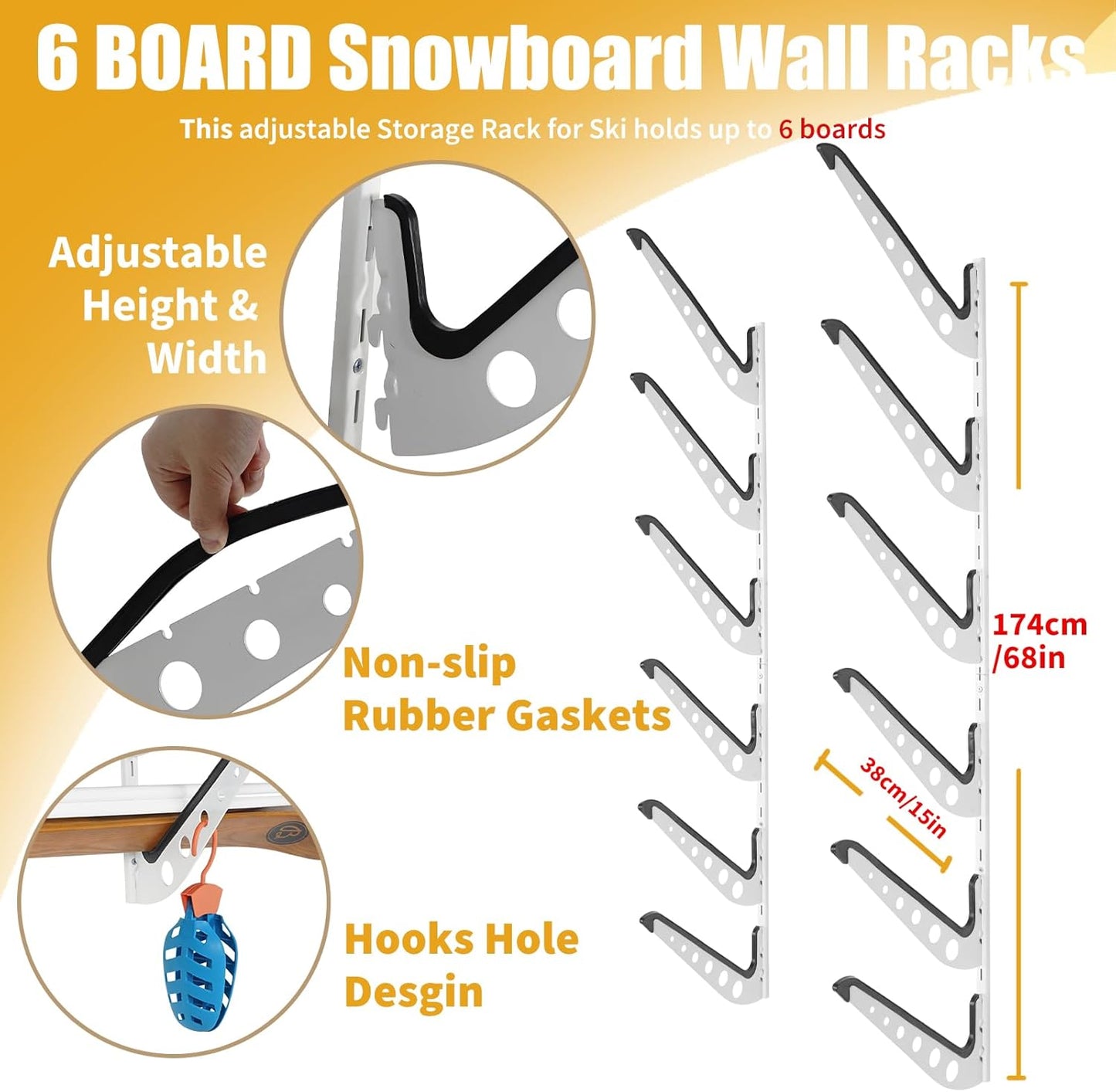 Snowboard Wall Racks, Adjustable Storage Rack for Ski, Surfboard, Wakeboard, Snowboard Wall Mount Display, White/Black
