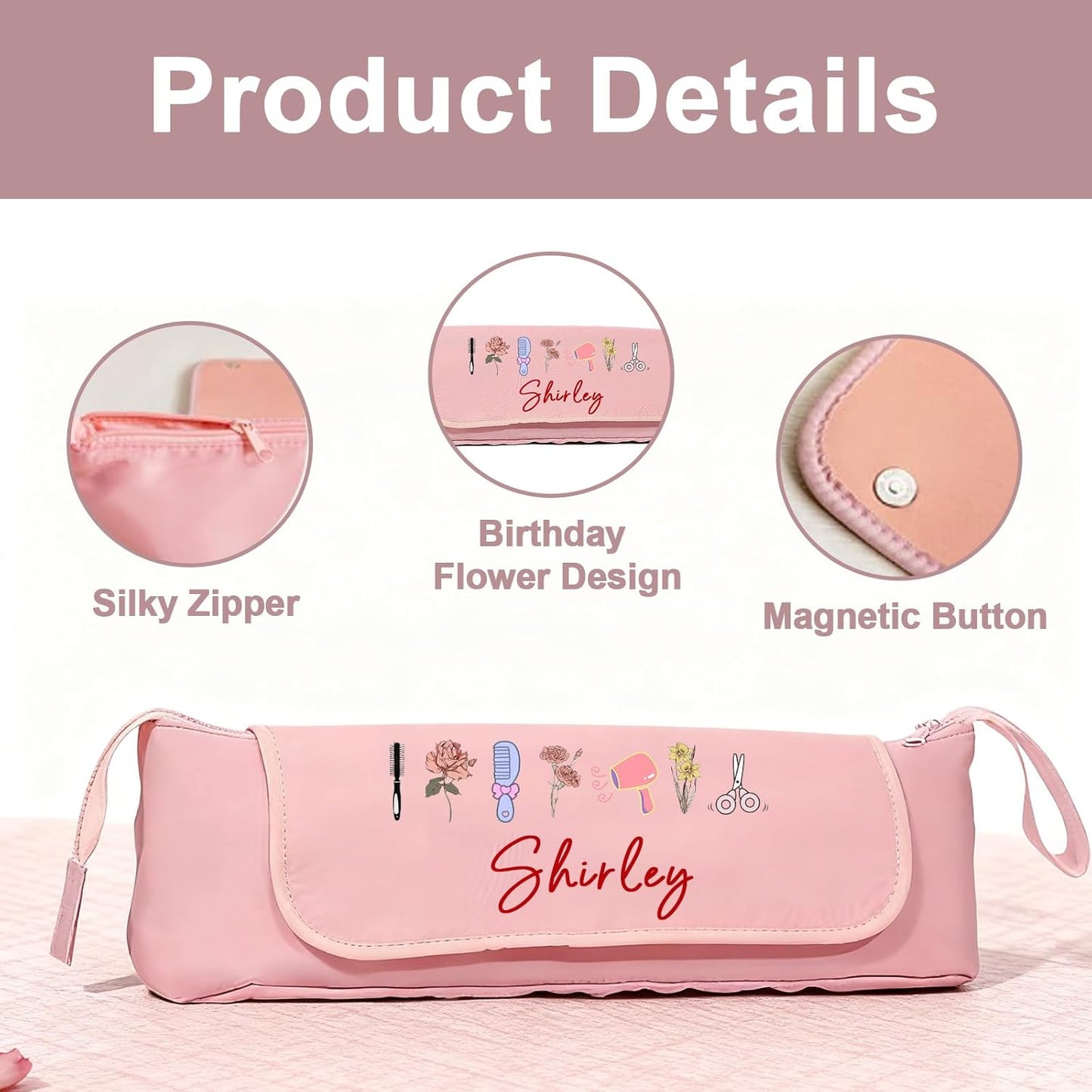 Personalized Hair Tool Bags with Heat Resistant Mat for Curling Iron & Flat Iron, Custom Name & Birth Flower Travel Bag for Hair Tools, curling iron bag for Women & Stylists (Style2)
