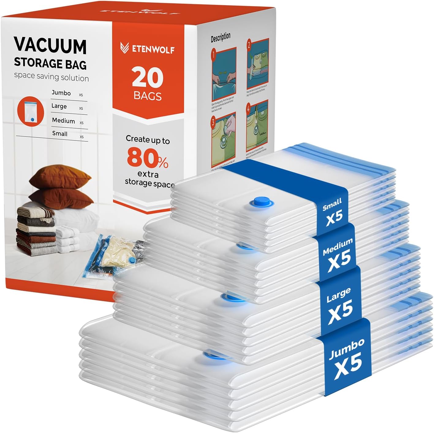 ETENWOLF 20 Pack Vacuum Storage Bags, Vacuum Seal Bags for Clothes and Travel, Space Saver Bags in Multiple Carry-On Sizes, Perfect for Luggage and Suitcases