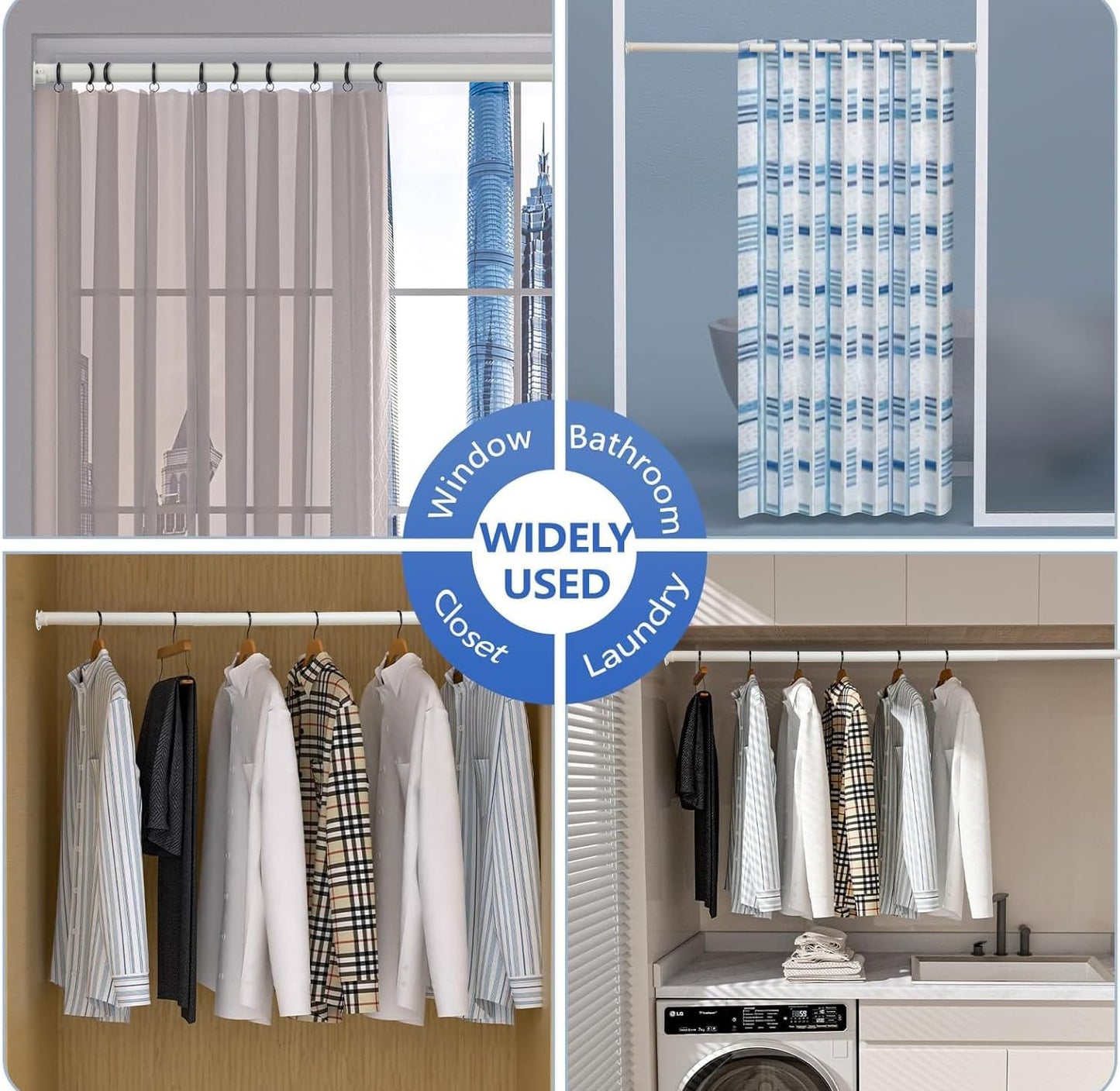 Closet Rod, 17 to 38 Inch Closet Rods for Hanging Clothes, Heavy Duty Adjustable Closet Hanging Rod Bar White Closet Poles for Wardrobes, Closet, Bathroom, Windows,1.3 Inch Diameter
