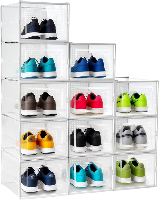 Shoe Boxes, Stack Without Toppling Modular storage boxes combine freely for use in closets, under beds, hallways, and entryways. Space-saving. (Transparent, 12 Pack)