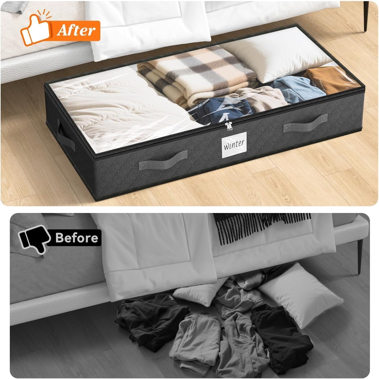 SpaceWhisper 90L Under Bed Storage Containers, 4-Pack Storage Bins with Clear Top, Foldable Closet Organizers and Storage with Label Holder for Clothing, Blankets, Comforter & Pillows (Grey)