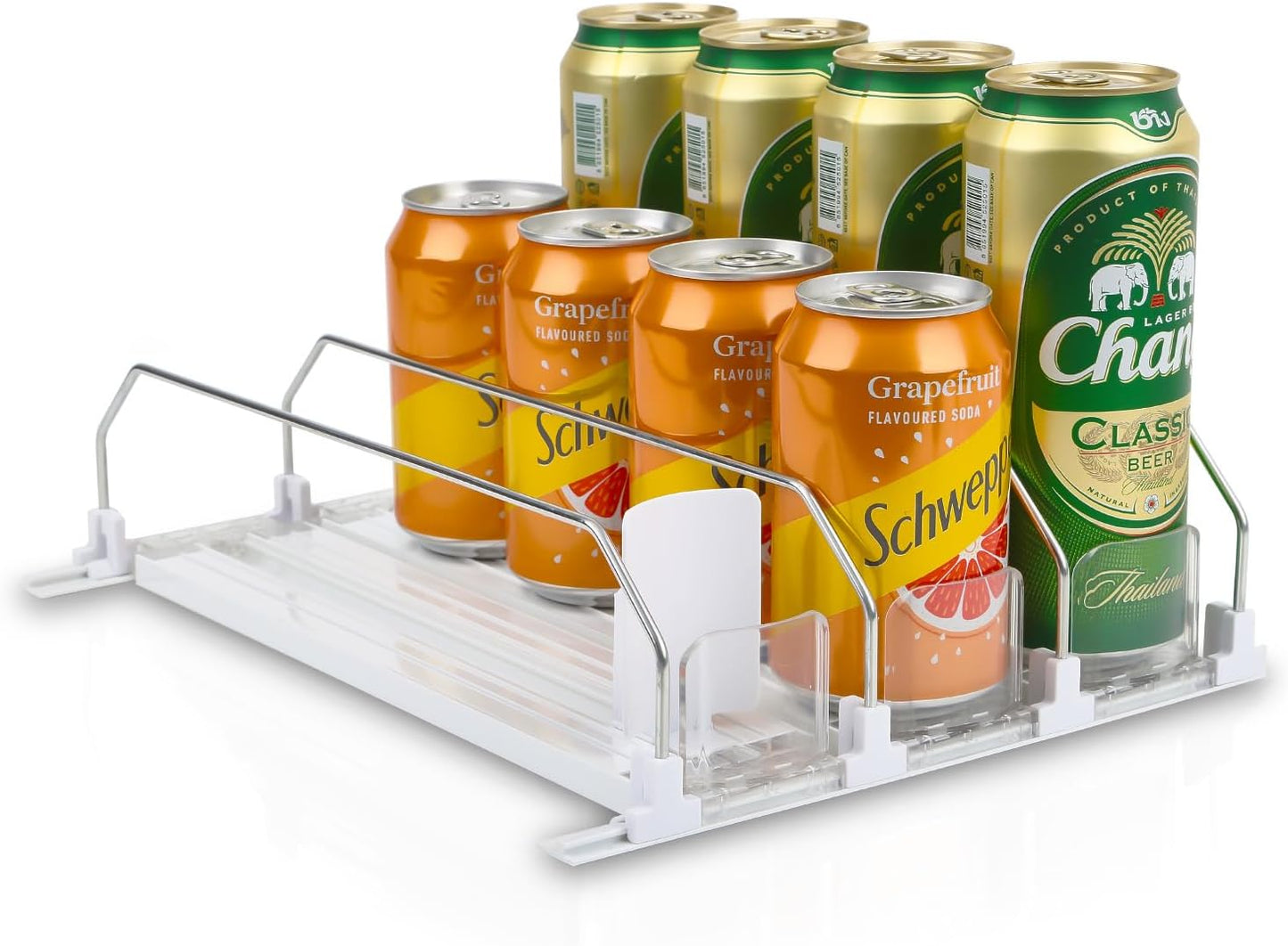 Soda Can Dispenser for Refrigerator - 3 Row Automatic Pusher Glide, Fridge Bottle Rack Drink Organizer, Self-Pushing Width Adjustable Beverage Storage Holds Up to 12 Cans (12.2inch, White)