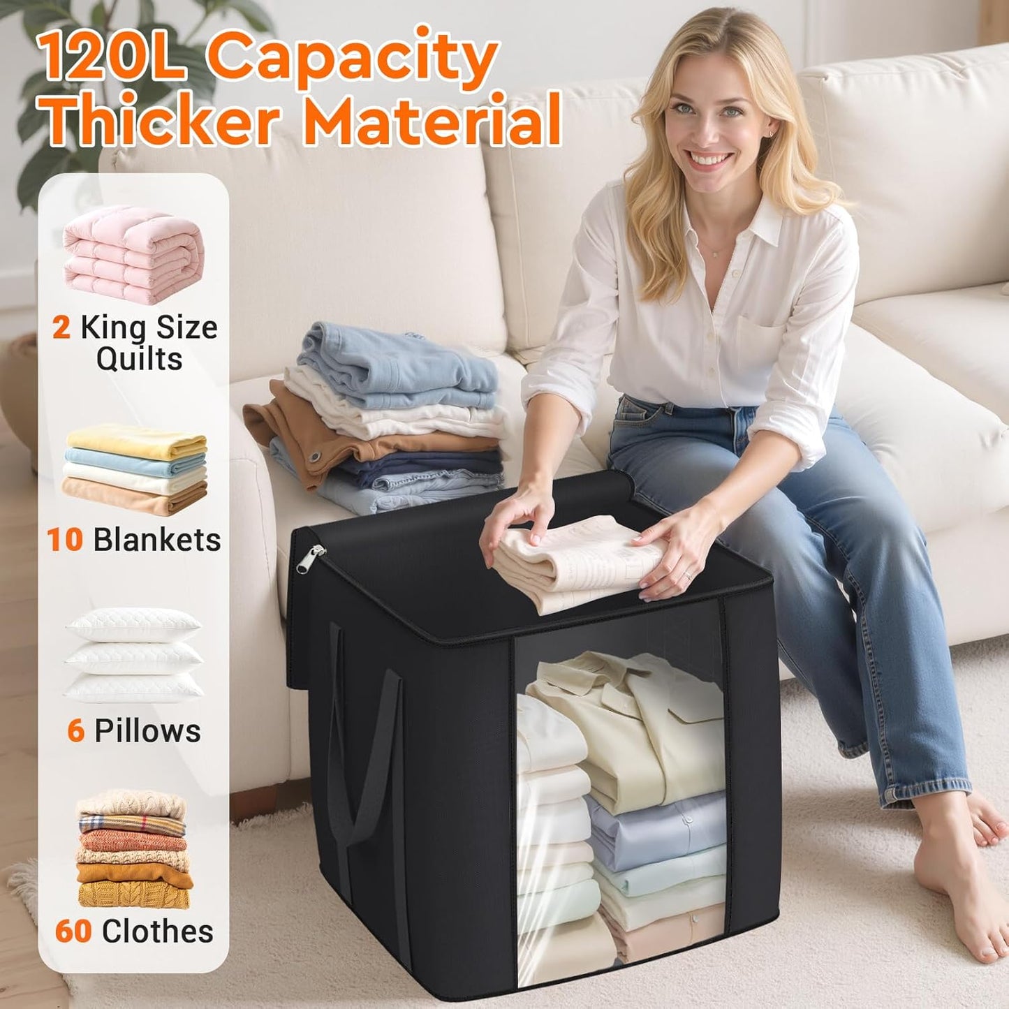 120L Extra Large Clothes Storage Bags, Foldable Blanket Storage and Organization, Thick Fabric Containers with Reinforced Handles & Zippers for Clothing, Comforters, Bedding, Black, 6 Pack