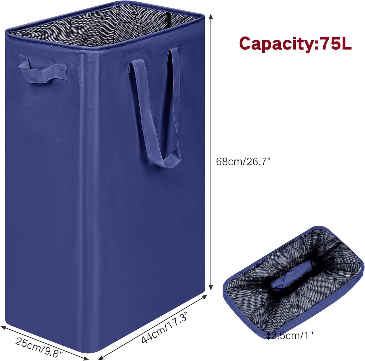 efluky Slim Laundry Basket, Narrow Laundry Hamper with Handles, Collapsible Dirty Clothes Hamper, Tall Laundry Bin for Laundry Room, Dorm and Bedroom, 12.7 Gallons(75L) Blue