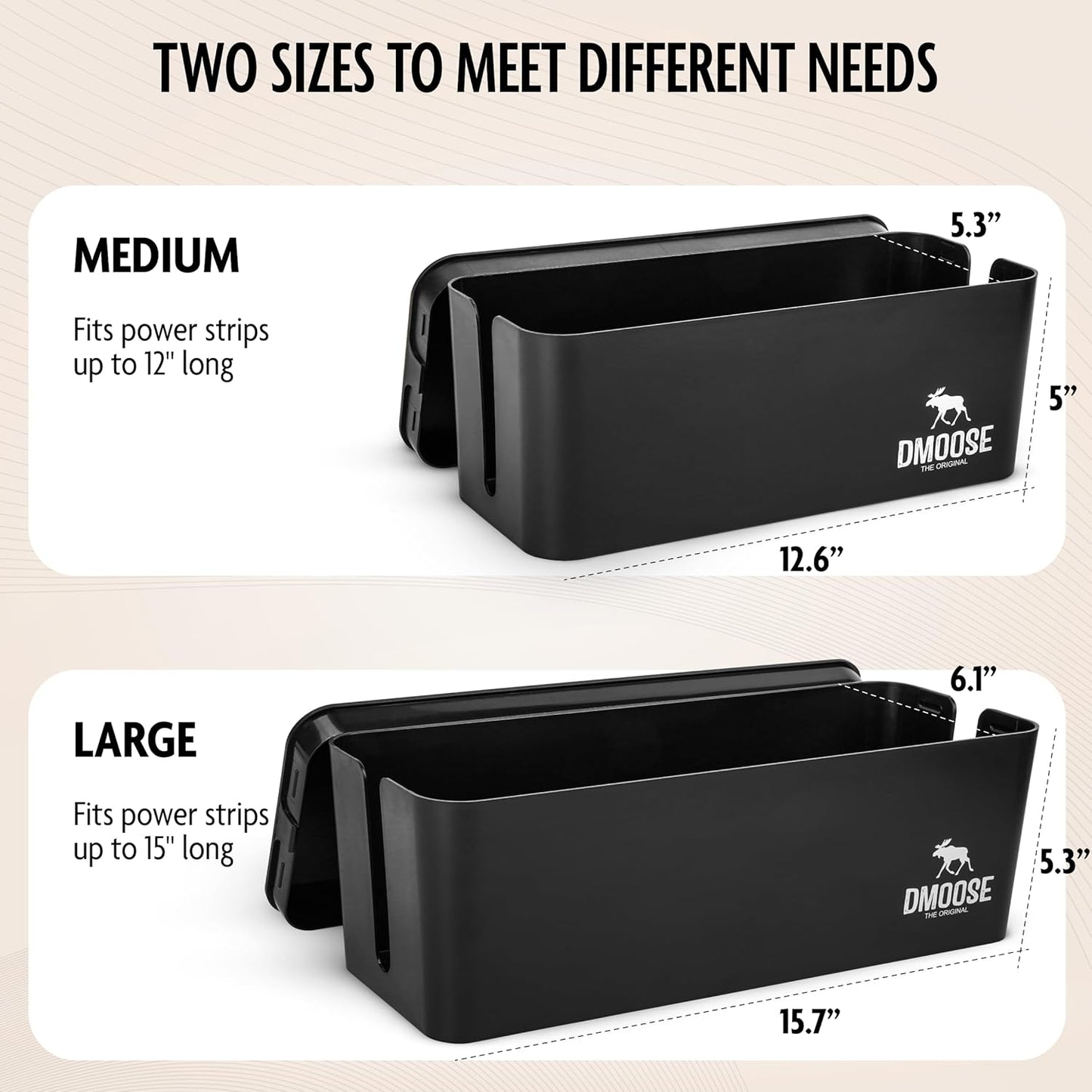 DMoose Cable Management Box - 2 Pack Medium & Large Cord Organizer for Desk & Floor, Cable Organizer Box for Child & Pet - Cable Box Hider for Tidy Office & Home, Power Strip Cover (Black - Pack of 2)