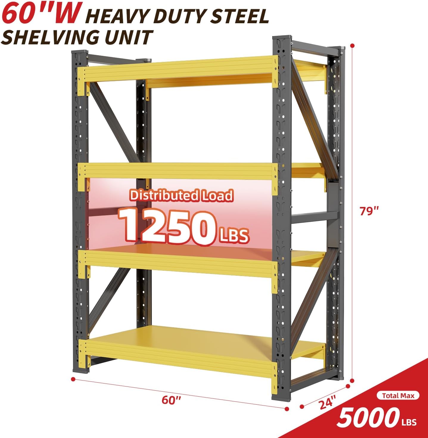 60" W Garage Shelving,4-Tier Heavy Duty Storage Shelves Unit with Adjustable Metal Shelf for Warehouse,Basement,Workshop,5000LBS,60" W x 24" D x 79" H,Black&Yellow