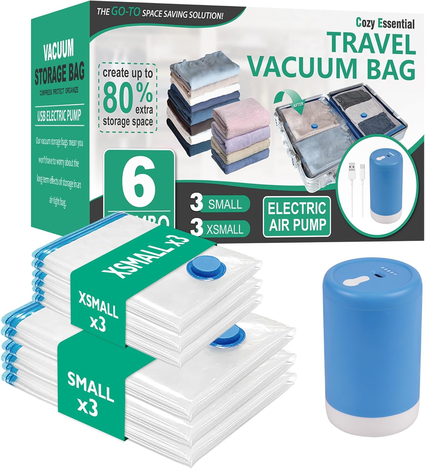 6 Pack Travel Vacuum Storage Bags with Rechargeable Wireless Electric Pump for Luggage, Suitcase, Carry-on Size Vacuum Seal Compression Space Saver Bags for Clothes and Clothing Travel