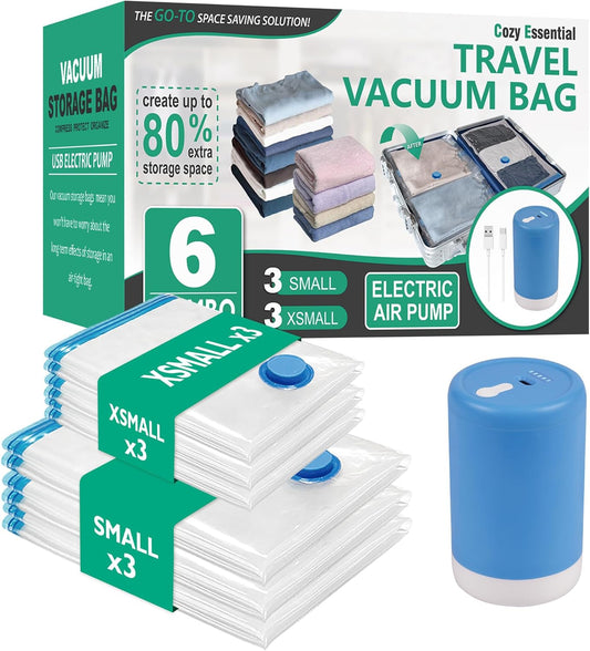 6 Pack Travel Vacuum Storage Bags with Rechargeable Wireless Electric Pump for Luggage, Suitcase, Carry-on Size Vacuum Seal Compression Space Saver Bags for Clothes and Clothing Travel
