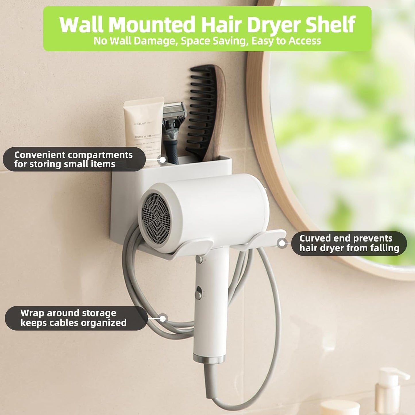 Dyson Hair Dryer Holder - Universal Wall Mount Blow Dryer Holder with Strong Self Adhesive, Plug&Cord Organizer Rack for Bathroom, Vanity, Cabinet, White