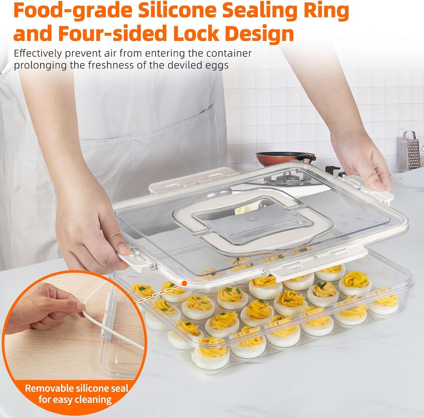 Deviled Egg Containers with Lid and Handle, Durable Clear Plastic Deviled Egg Carrier Storage 24 Eggs, Stackable Egg Holder for Fridge, Portable Tray Platter for Party & Picnics-1 Pack White