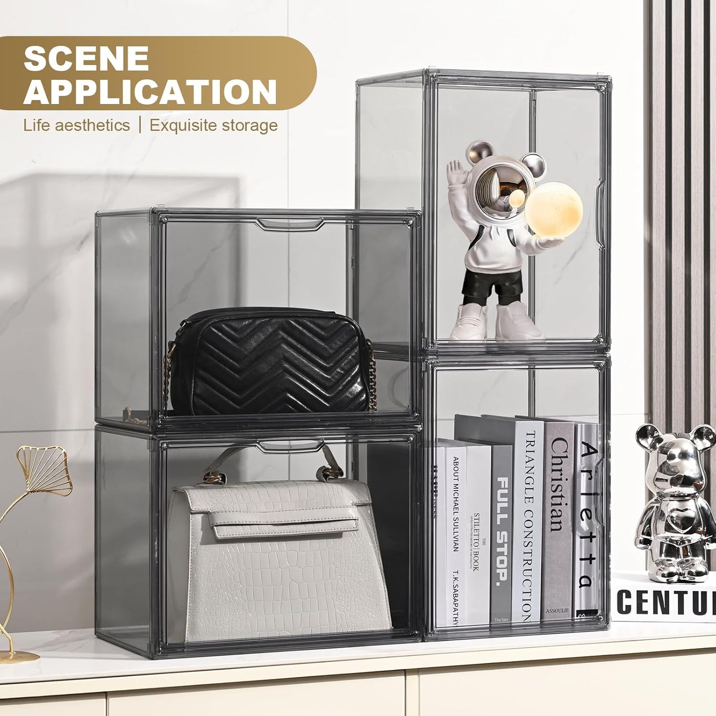 4 Pack Handbag Storage Organizer for Closet, ULENDIS Transparent Gray Acrylic Display Case for Handbag Purse, Stackable Storage Organizer with Magnetic Door for Wallet Book Cosmetic Toys Display