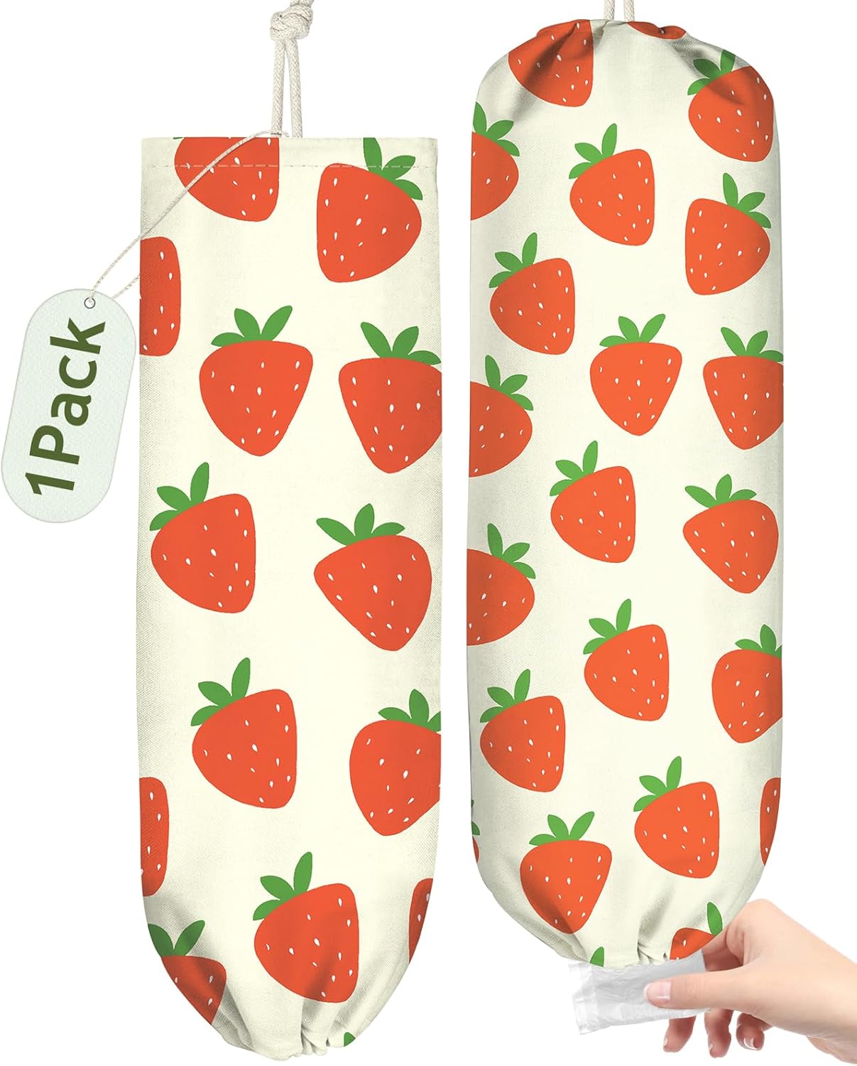 Plastic Bag Holder, Grocery Bag Organizer - 1 Pack Cute Kitchen Dispenser Holders Reusable Shopping Western Hanging Wall with Adjustment Drawstring Closure for Women Home, Strawberry