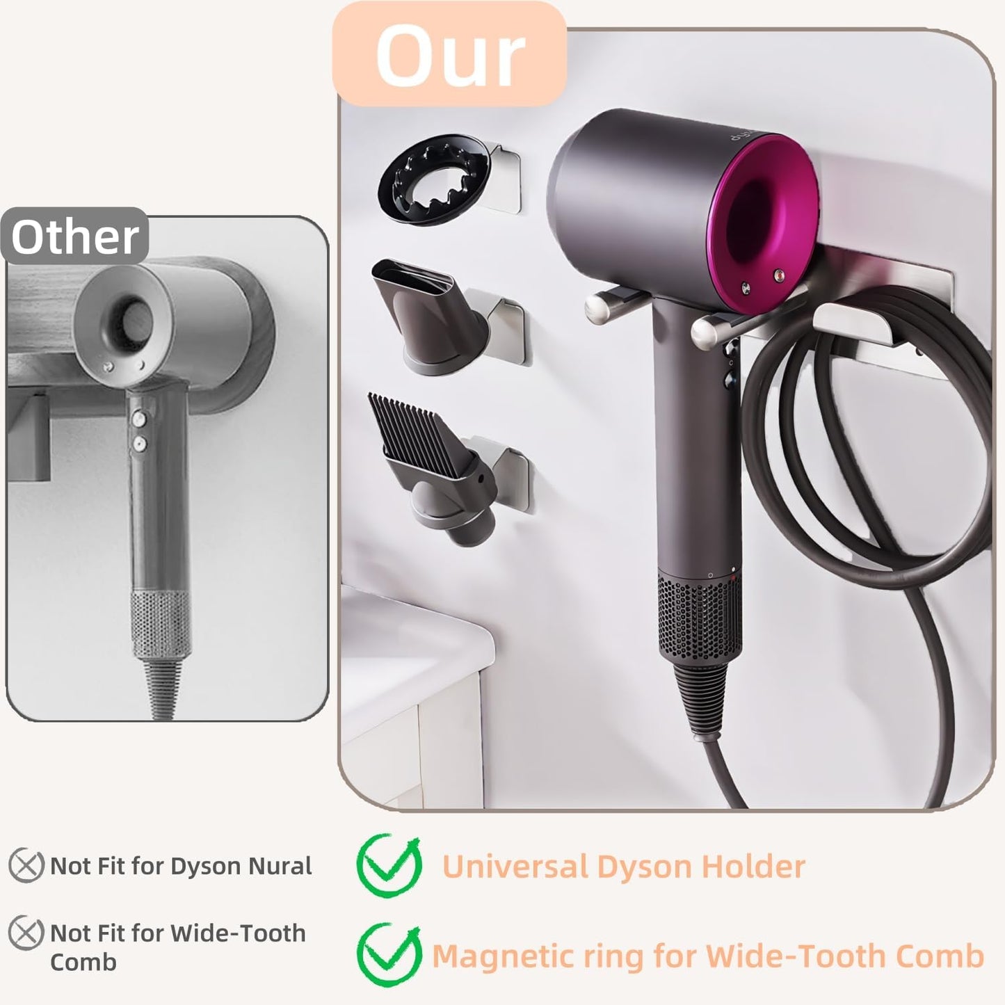 Dyson Hair Dryer Holder, Hair Dryer Wall Mount Organizer for Supersonic & Nural, Stainless Steel Dyson Blow Dryer Holder with Magnetic Rings, Waterproof & Rust Resistant for Bathroom/Salon PTALSEAW