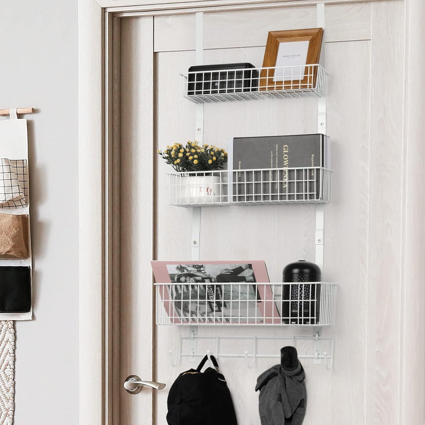 YBING Over The Door Organizer with Hooks Door Hanger Towel Rack with 3 Mesh Baskets Back of Door Hanging Shelf Organizer Behind Door Pantry Organizer for Bathroom Bedroom White