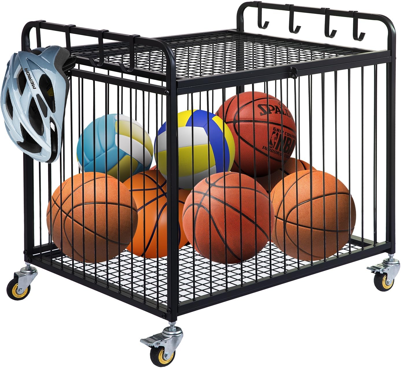 Matt Black Metal Rolling Cart Ball Gym Equipment Sports Gear Storage Portable Wheel Basket Lockable Cage Raised Handle Athletic Basketball Football Soccer Volleyball Racket School PE Class