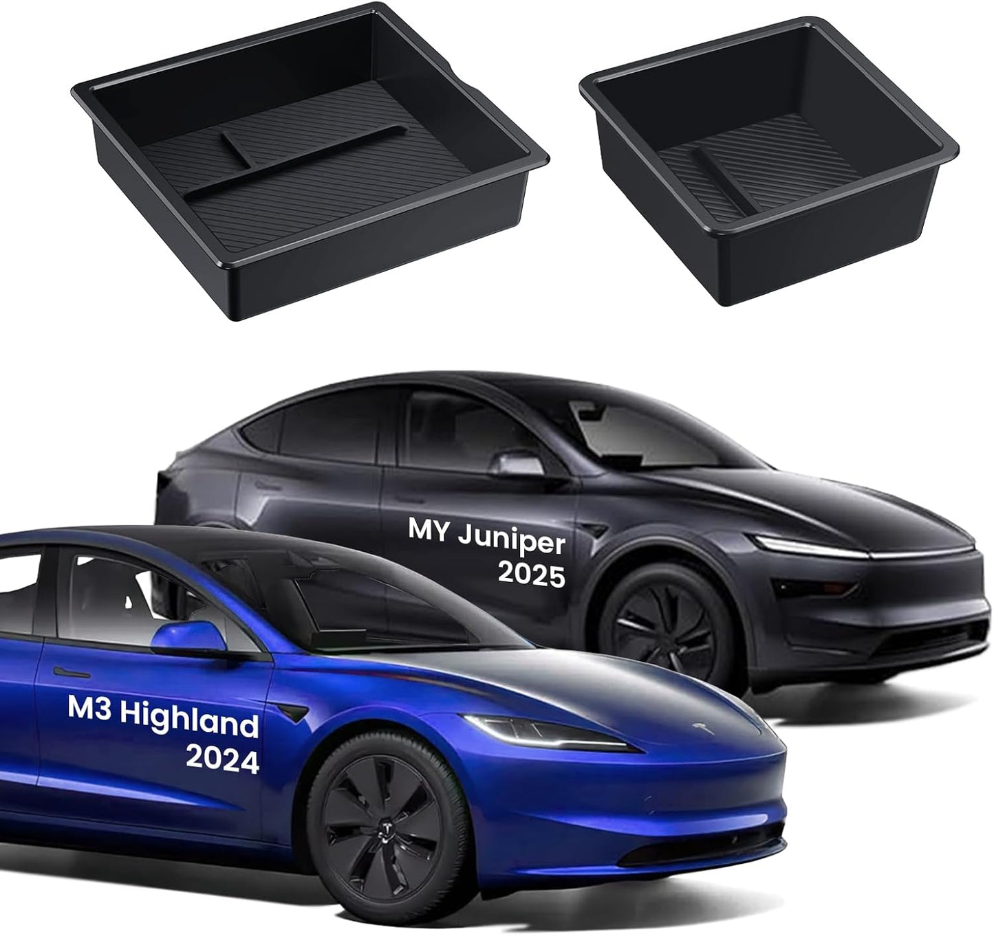 2PCS Center Console Organizer Tray for Tesla 2025 Model Y Juniper & Model 3 Highland 2025 2024, 2025 Upgrade Car Accessories with Center Console Storage Tray Armrest Hidden Storage Box