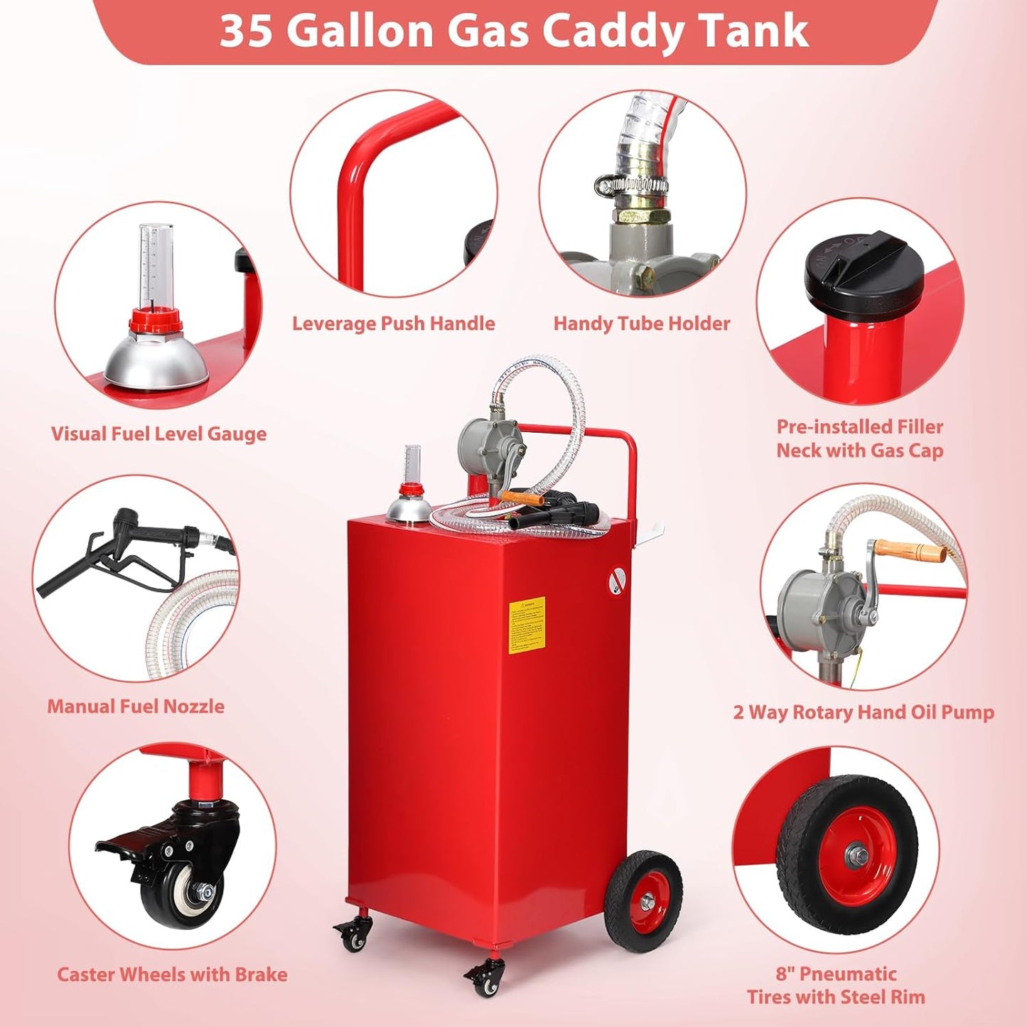 35 Gallon Gas & Diesel Fuel Caddy with Transfer Pump – Mobile Fuel Storage Tank with 4-Wheel Cart for Boats, Lawn Mowers, Snowblowers, Motorcycles & Construction Equipment - Red