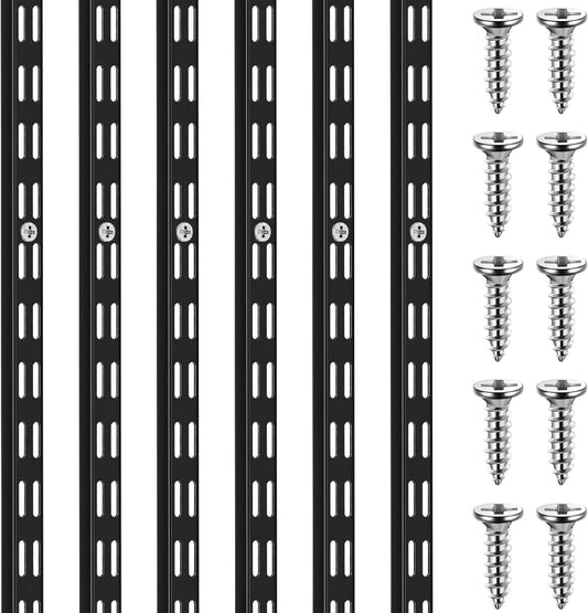 6 Pcs Dual Track Upright Wall Shelving System Heavy Duty Support System Twin Slot Shelf Rail Shelf Standards for Pantries Linen Closets Laundry Rooms(Black,25 Inch)