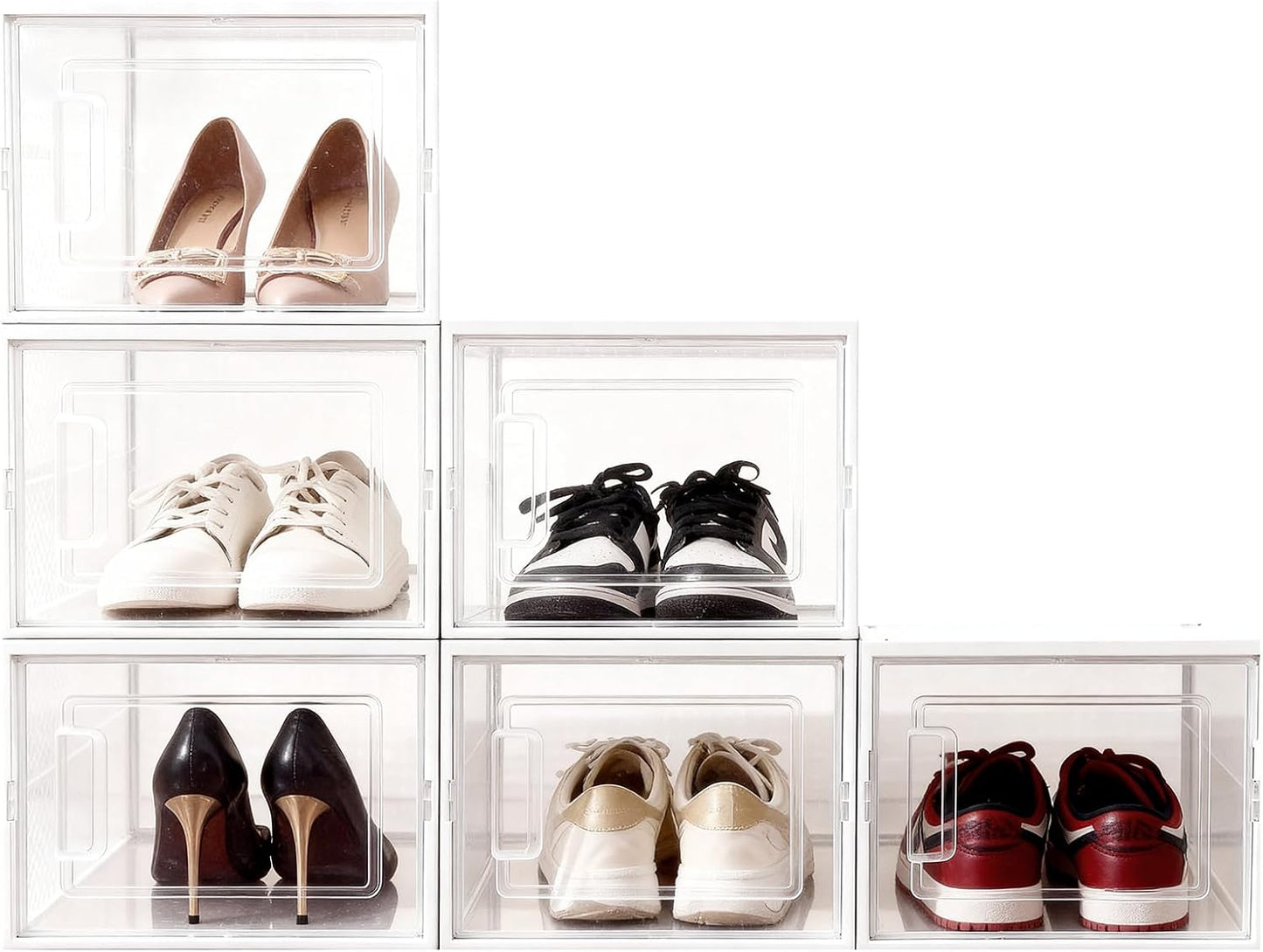 Shoe Boxes, Stack Without Toppling Modular storage boxes combine freely for use in closets, under beds, hallways, and entryways. Space-saving. (Transparent, 6 Pack)