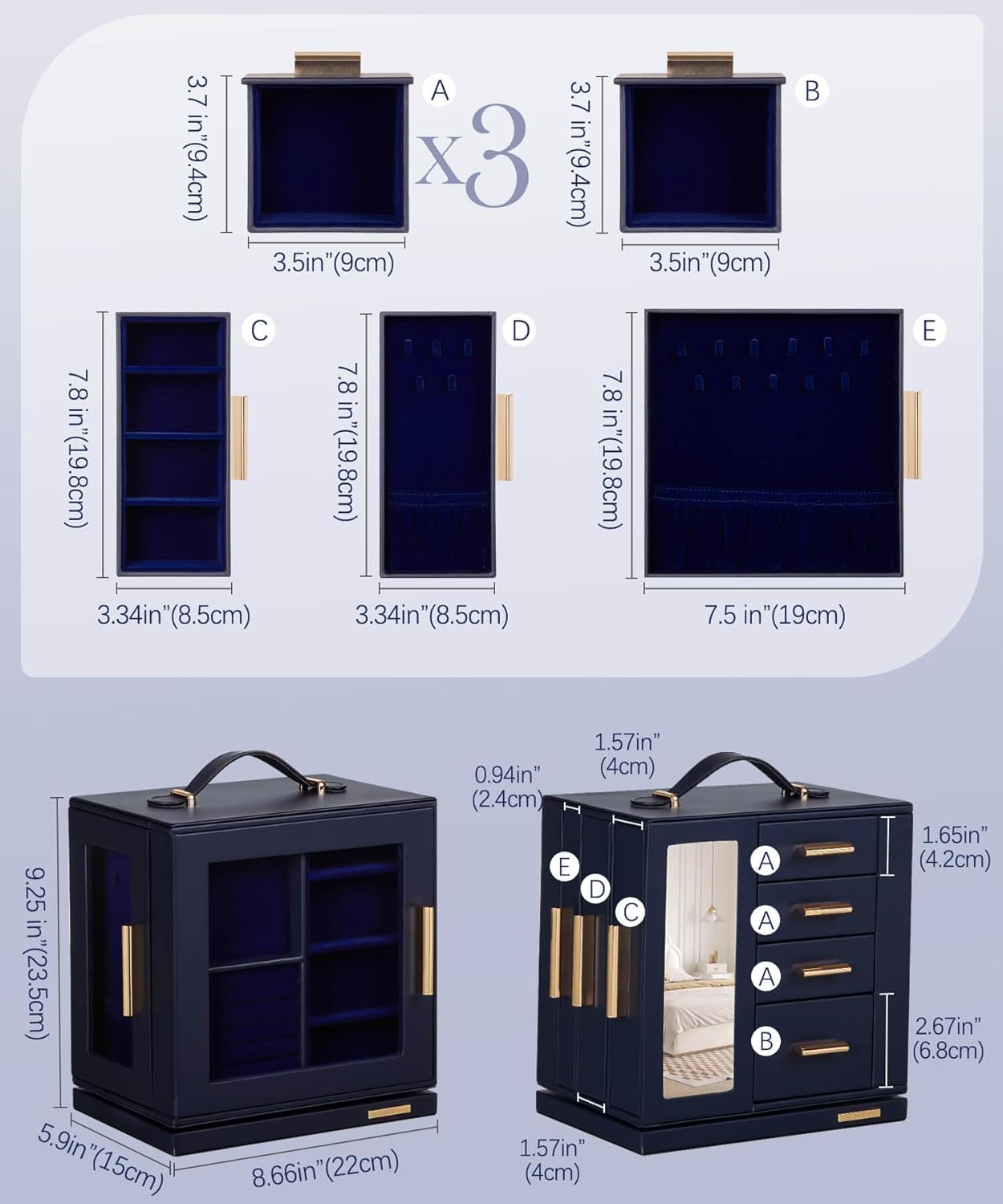 Homde Christmas Gifts Jewelry Box 360° Rotating, Necklace Earring Organizer with Transparent Window, Mirror, 7 Drawers, Large Ring Display Storage Case for Girls Women (Dark Blue)