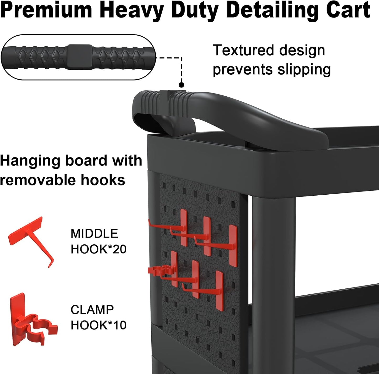 3 Tier Car Detailing Cart, Auto Detail Trolley with Wheels, Side Hanging Plate & Hooks, Detailing Tool Organizer for Mechanics & Detailers (Black)