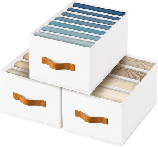 Clothes Organizers and Storage - 4/5/7 Grids Fabric Jeans Organizer with Handles, Foldable Closet Organizers Dividers, Wardrobe organizer for Pant, Sweater, T-shirt, Scarf, 3 Pack, White