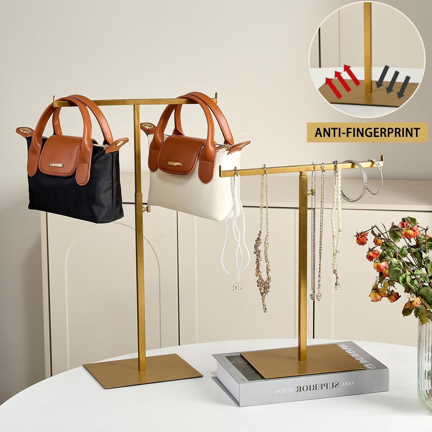 Display Stand Stainless Steel Jewelry Towers Bag Stand Tabletop Double Hook Hanging Jewelry Stands for Necklaces Organizer Stand Adjustable Height Home Store Boutique, Gold