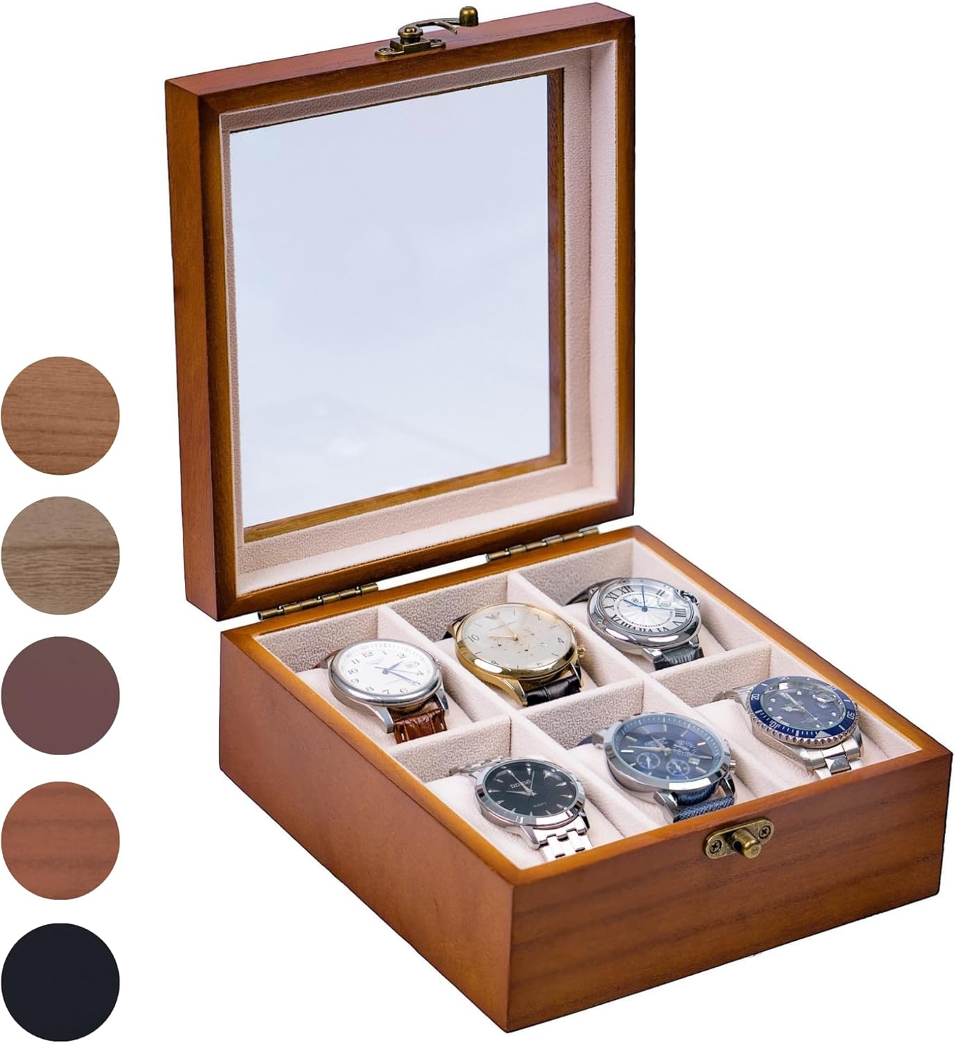 Watch Box, Watch Case for Men Women with Large Glass Lid, Wooden Watch Display Storage Box with 6 - Slots, Classic Walnut 6x2 Mens Watch Box Organizer