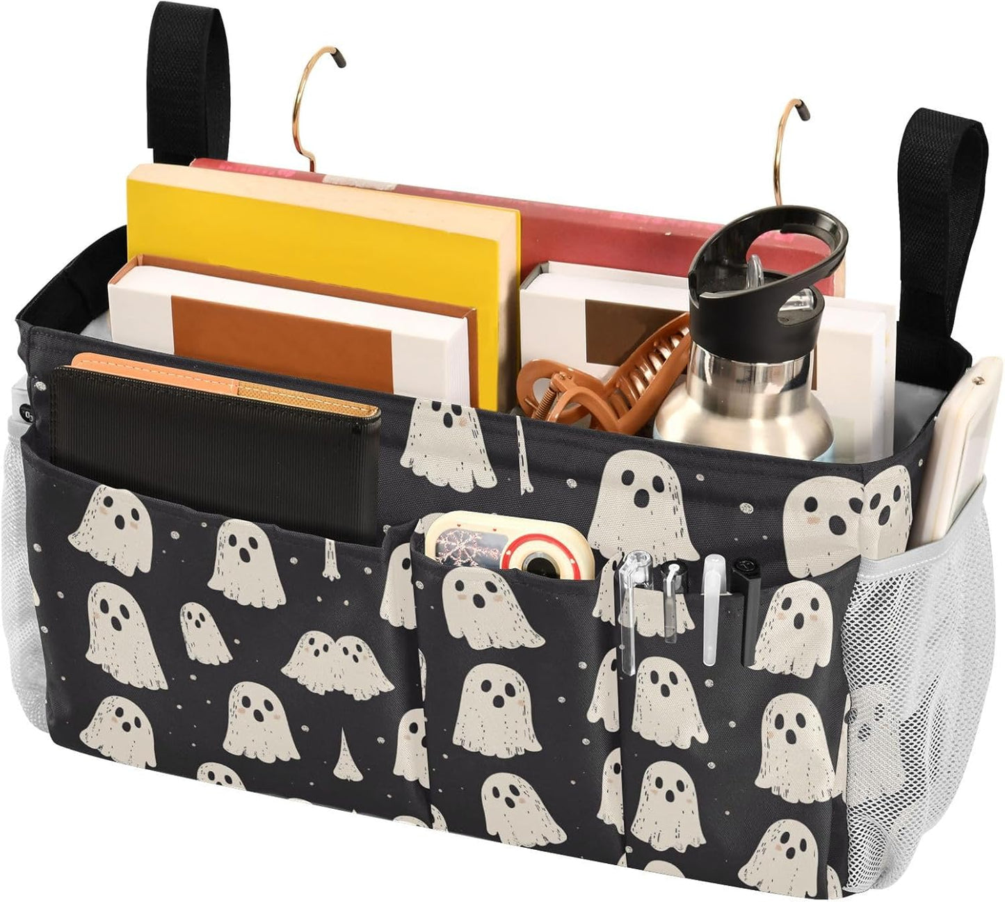 Cute Halloween Ghost Blacck Bedside Caddy for Dorm Bed Bedside Hanging Caddy Bag Iron Frame Storage Organizer Pocket for Bunk Home College Hospital Beds 2 Hooks