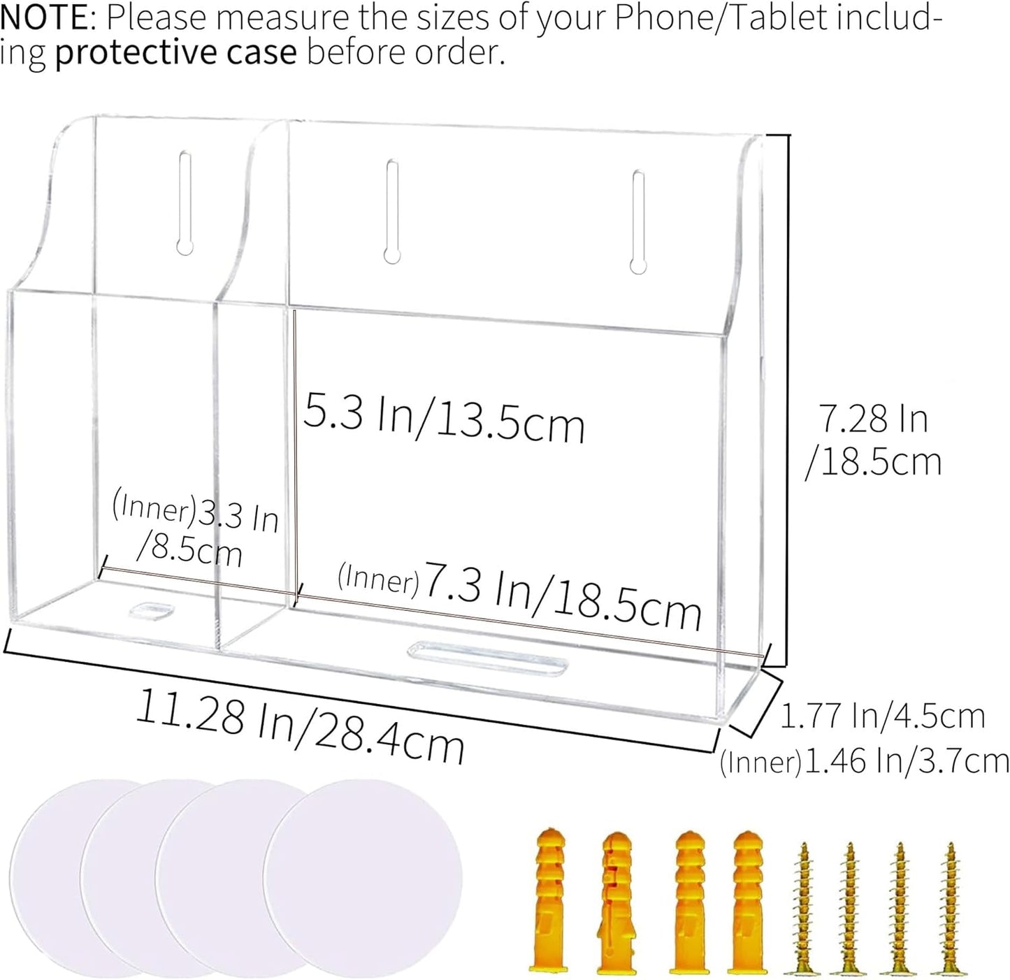 Clear Wall Tablet Holder Acrylic Wall Mounted Phone Holder for iPad, Remote Control Holder Laptop Stand for eReader Storage Caddy with Charging Holes for Kindle iPhone