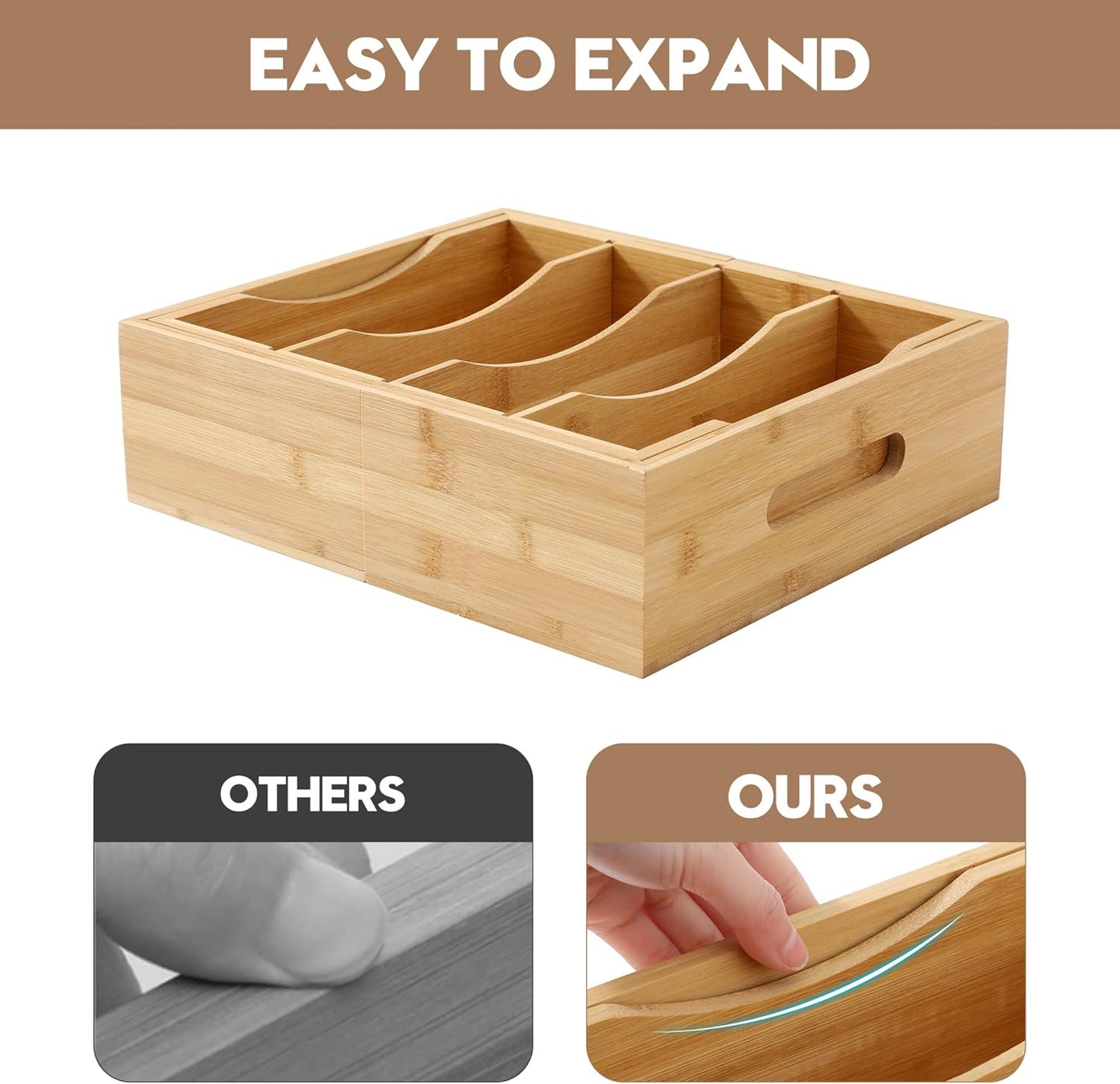 2 Pack Expandable Food Container Lid Organizers, Gift for Christmas Bamboo Lids Organizer Inside Cabinet with 3 Adjustable Dividers Groove Design, Food Storage Box Lid Holder for Kitchen Organization