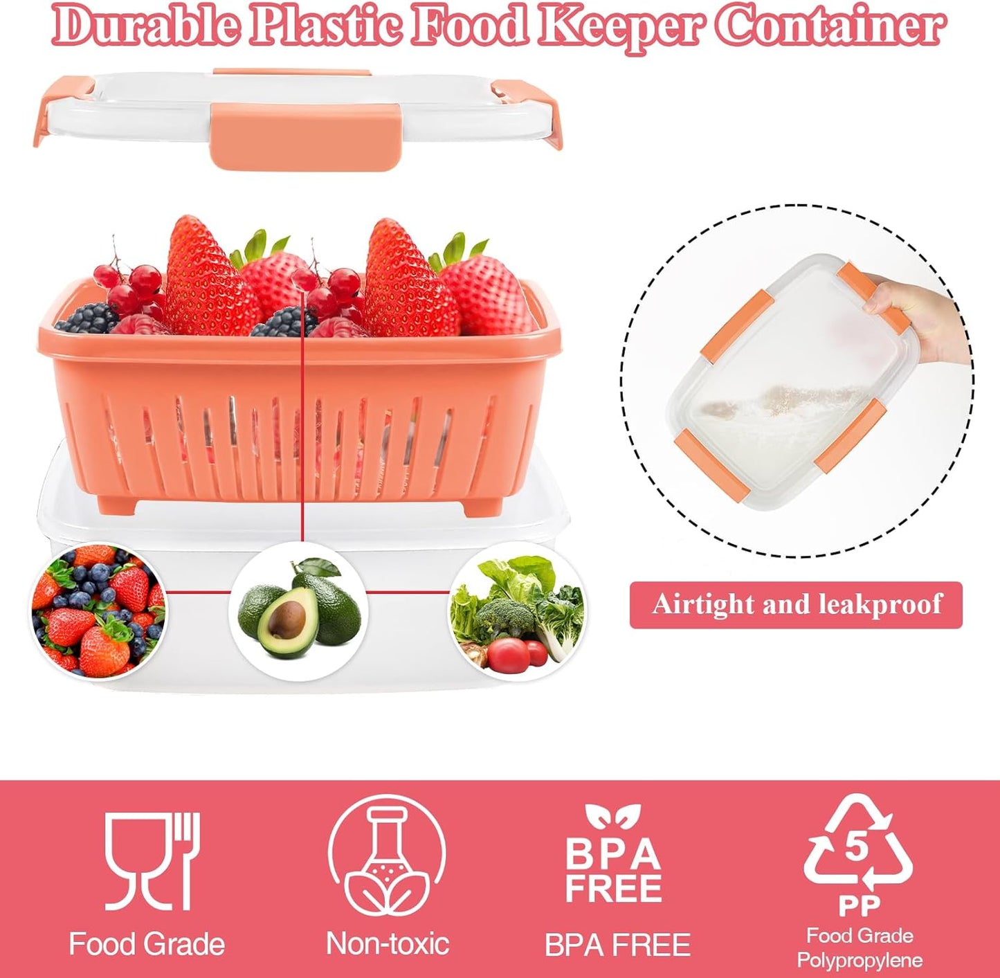 68oz Berry Keeper Fruit Storage Container for Fridge, Fresh Food Produce Saver Containers with Removable Drain Colander, Vegetable Lettuce Keeper Bowl, Refrigerator Organizer, PRESS TO OPEN CLOSE LID