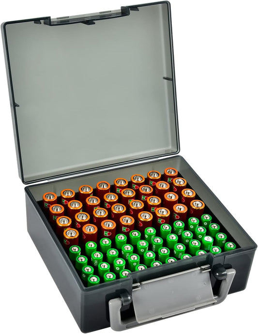FULLCASE Battery Storage Organizer Holder Holds 72 AA AAA Batteries, Box Cases Garage Container, Home Drawer Organization Dispenser (Case Only) (Grey)