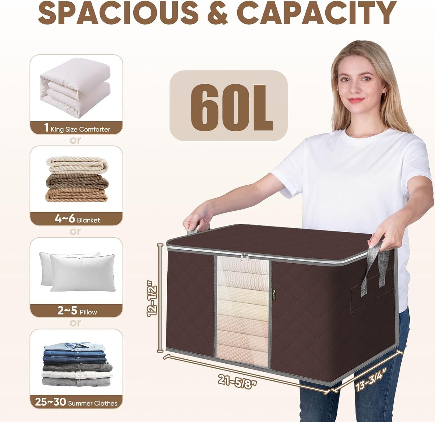 BALEINE 6 Pack Clothes Storage Bags, 16 Gallon Storage Containers with Reinforced Handle, Sturdy Zipper, Closet Organizer for Blanket, Comforter, Pillow, Bedding (Brown, 6 Pack)