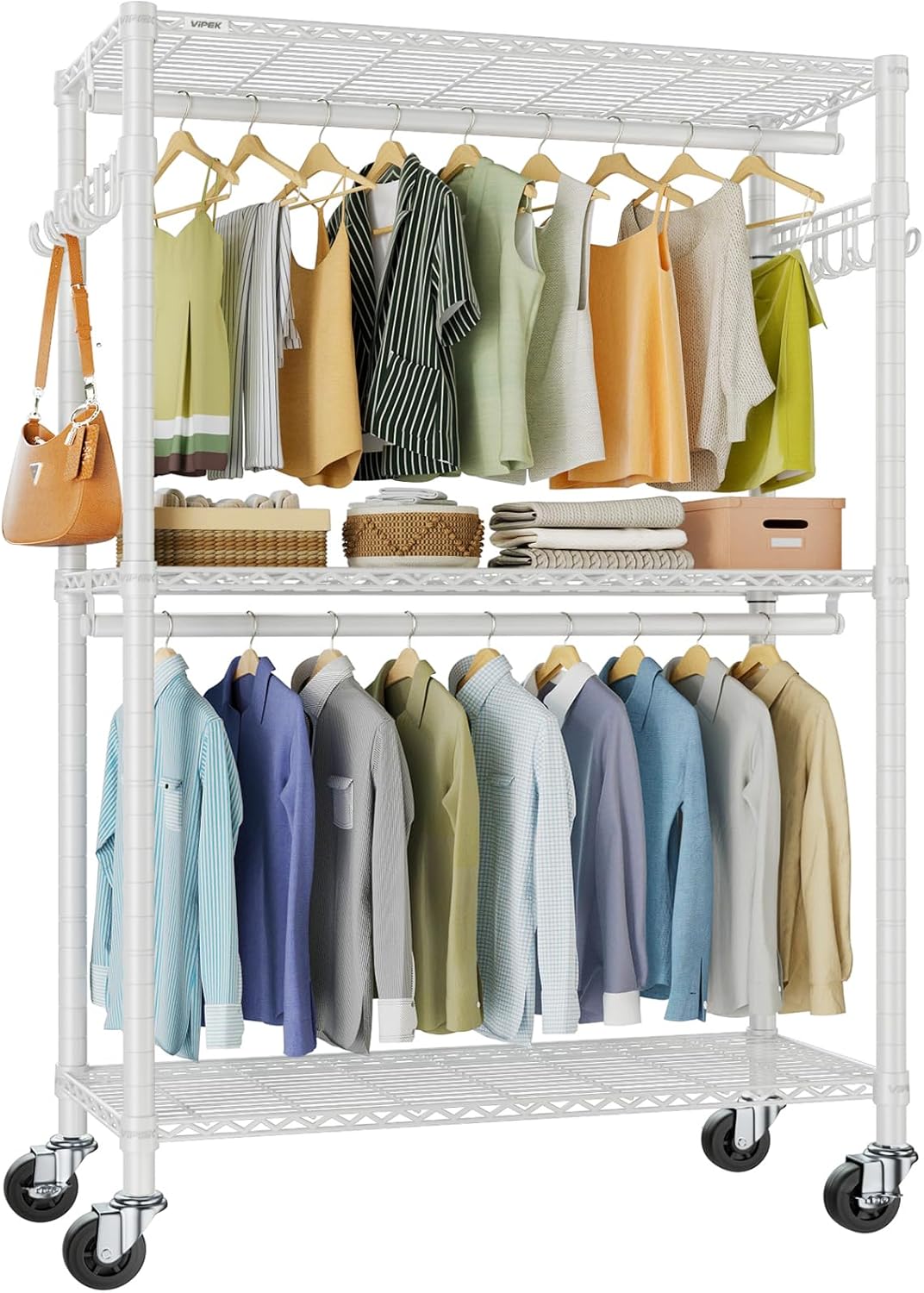 VIPEK R2 Plus Rolling Garment Rack 3 Tiers Adjustable Wire Shelving Clothes Racks with Wheels, Freestanding Wardrobe Storage Rack Heavy Duty Metal Clothing Racks for Hanging Clothes, White