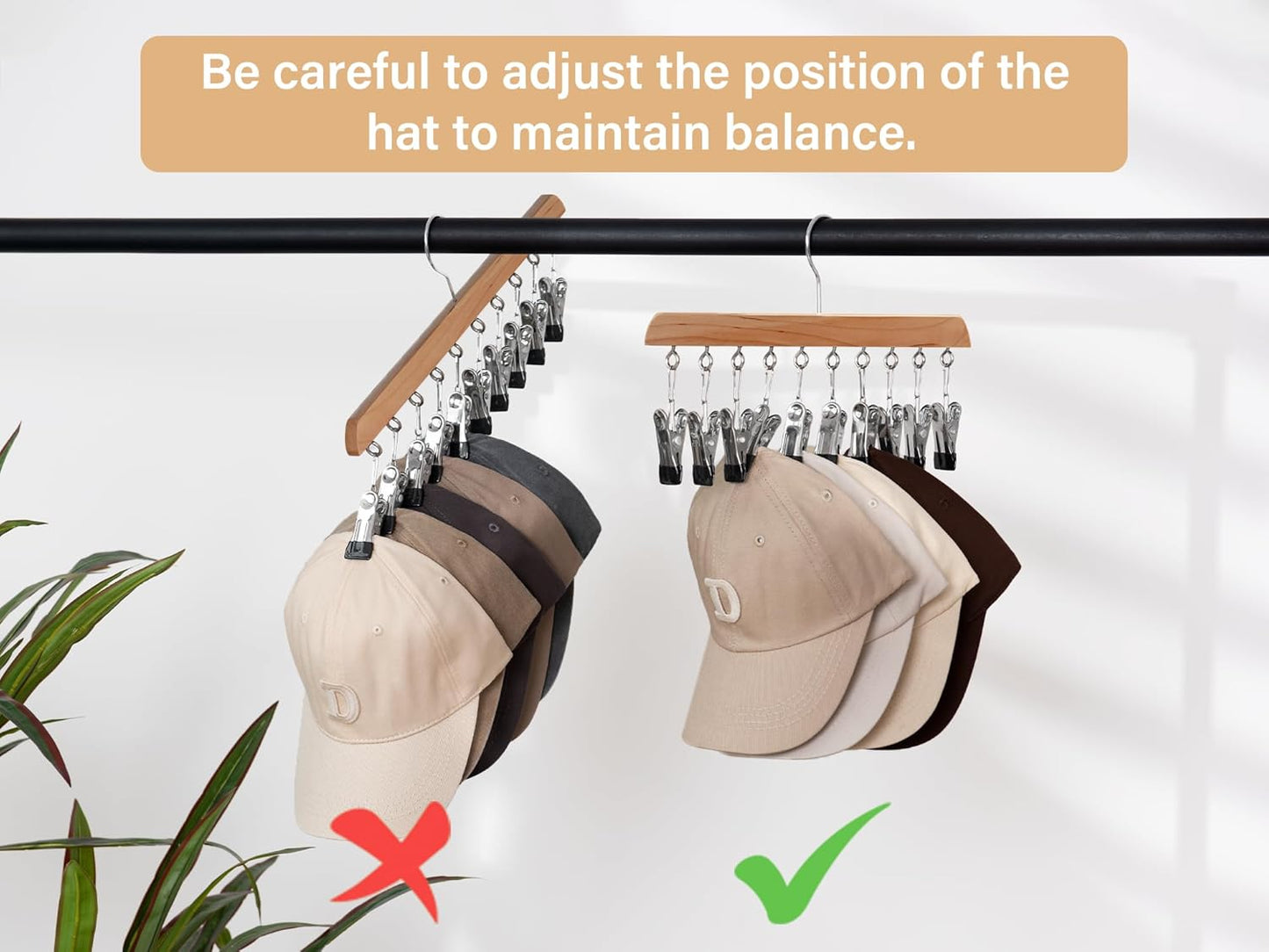 StorageWorks Hat Rack, Closet Organizer and Storage for Baseball Caps,Set of 2 with 10 Adjustable Stainless Steel Clips, Fits All Caps, Natural Wood Color