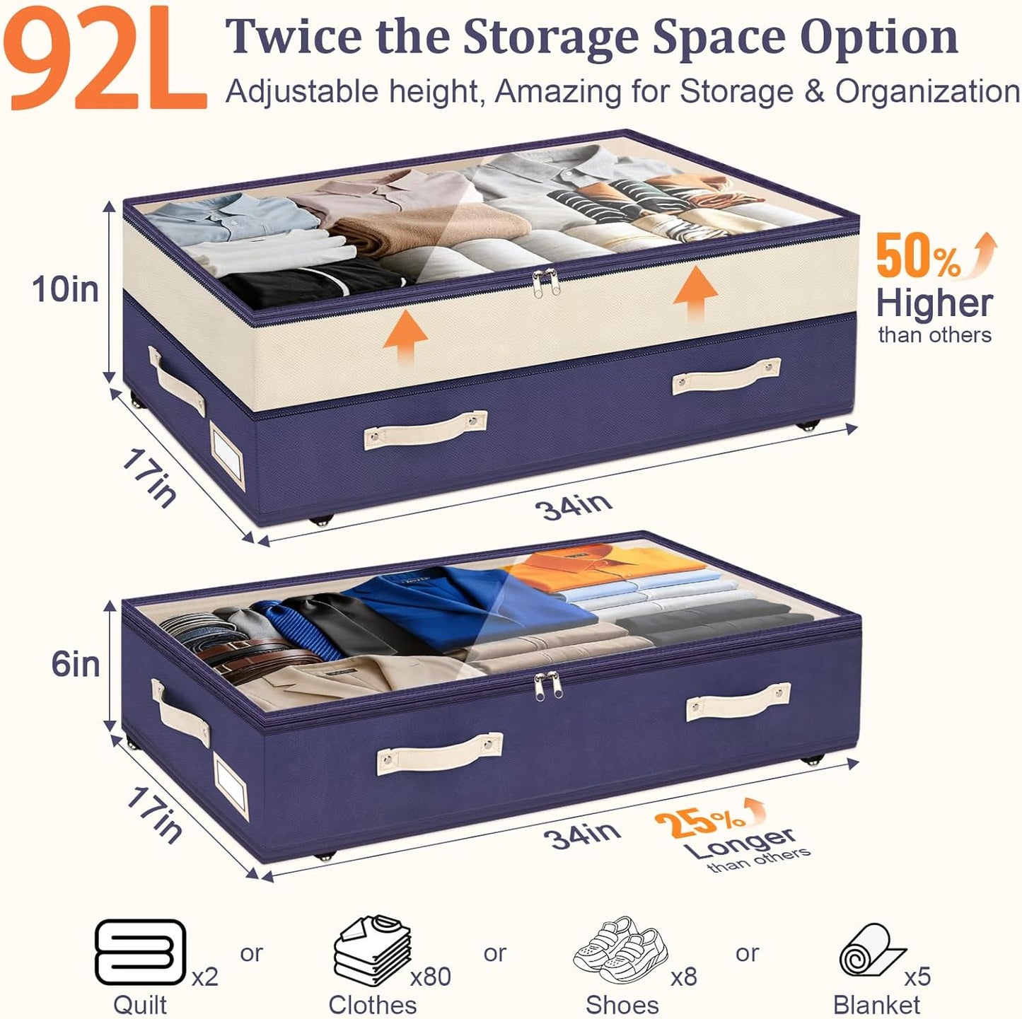 Dolicer 2 Pack Under Bed Storage with Wheels, 6in-10in Height Adjustable Underbed Storage Containers, 92L XXXL Under Bed Drawers Rolling Bin with Clear Lids for Dorm Shoes Clothes Organizers(Blue)