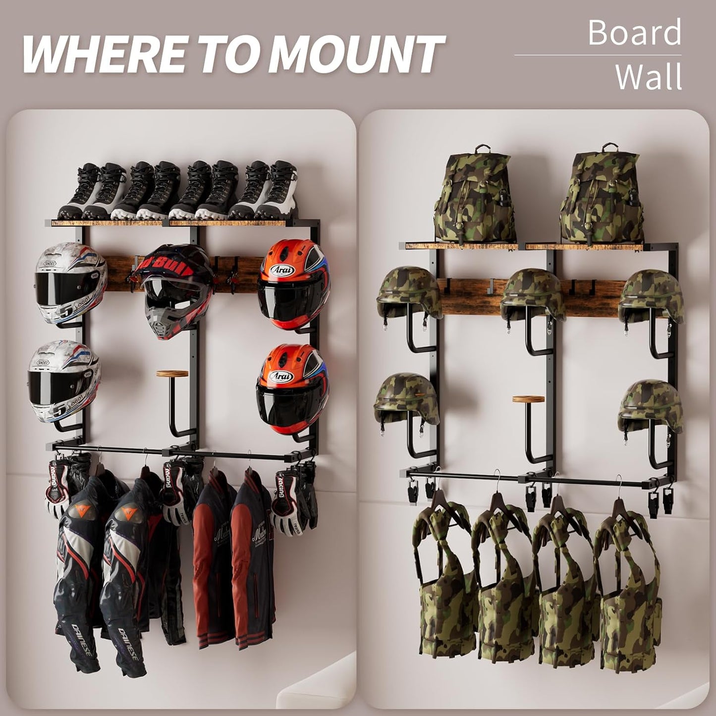 Motorcycle Helmet Rack with 6 J-hooks& 6 Clip Hooks – Wall Mounted Helmet Holder Stand for 6 Helmets, Riding Suits & Accessories, Sturdy Construction Storage Organizer for Entryway or Garage